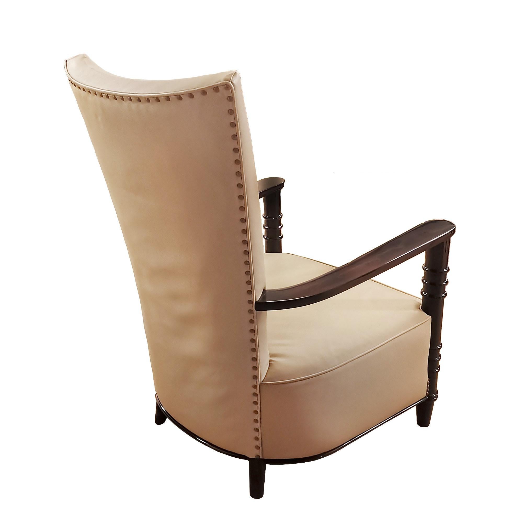 1940´s Art Deco Style Armchair With High Back, Leather, Wood - France In Good Condition For Sale In Girona, ES