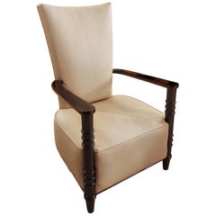 Vintage 1940´s Art Deco Style Armchair, High Back, Leather, Wood, France