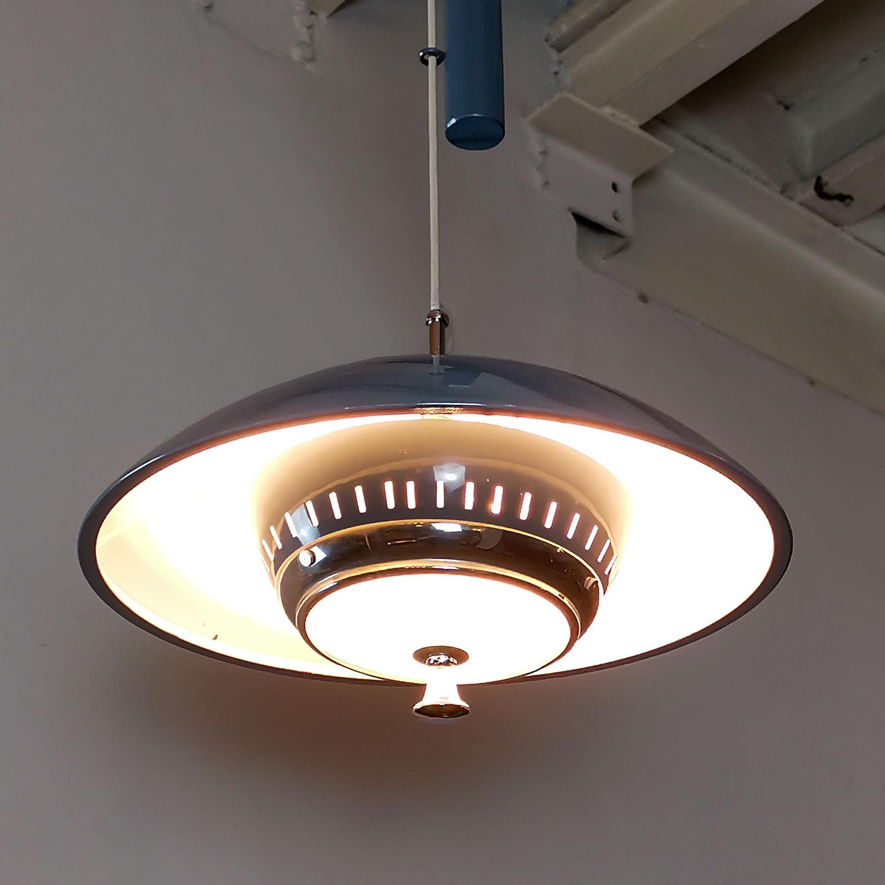 Plated 1940s Ceiling Lamp with Counterweight System, Blue Sheet Metal, Glass, Italy