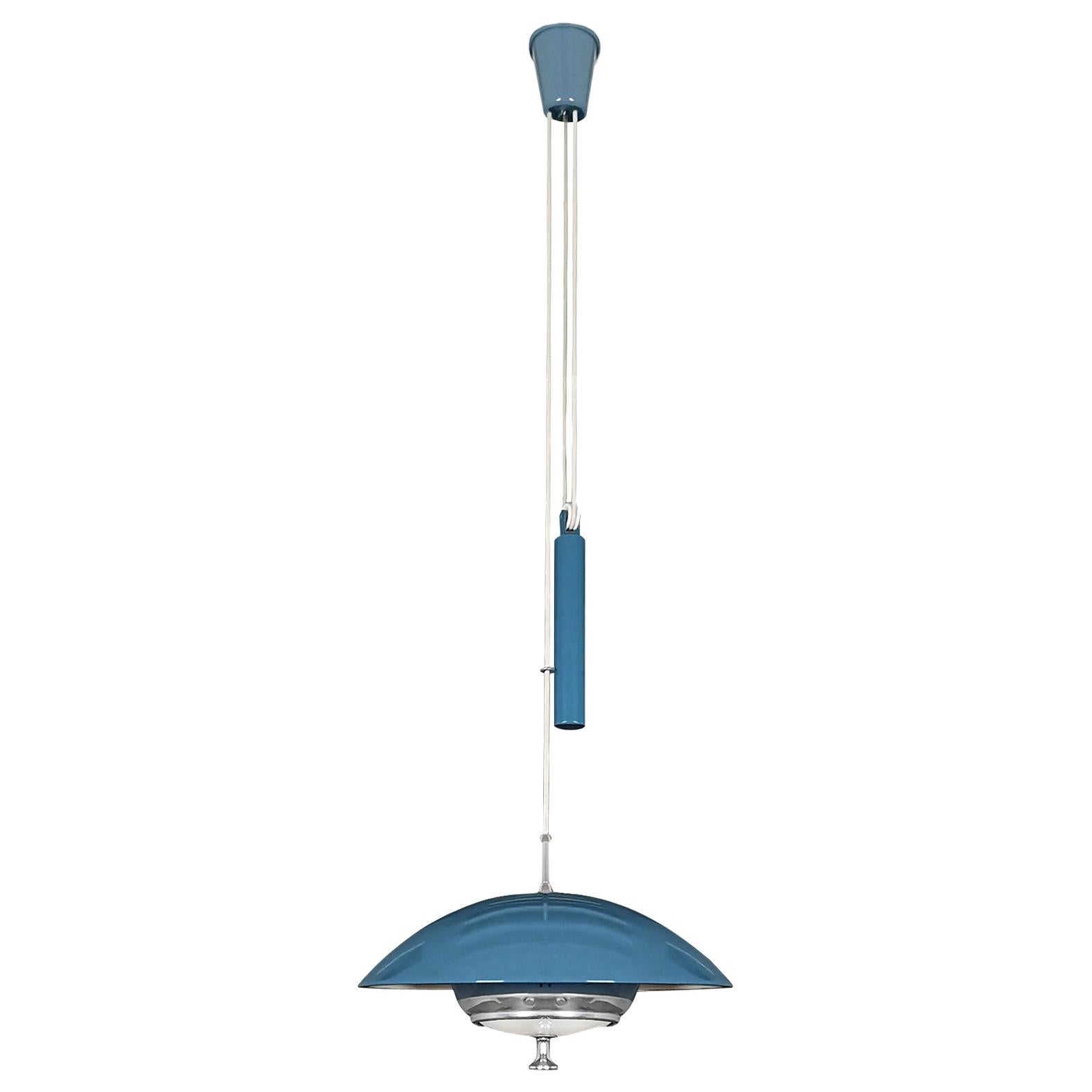 1940s Ceiling Lamp with Counterweight System, Blue Sheet Metal, Glass, Italy