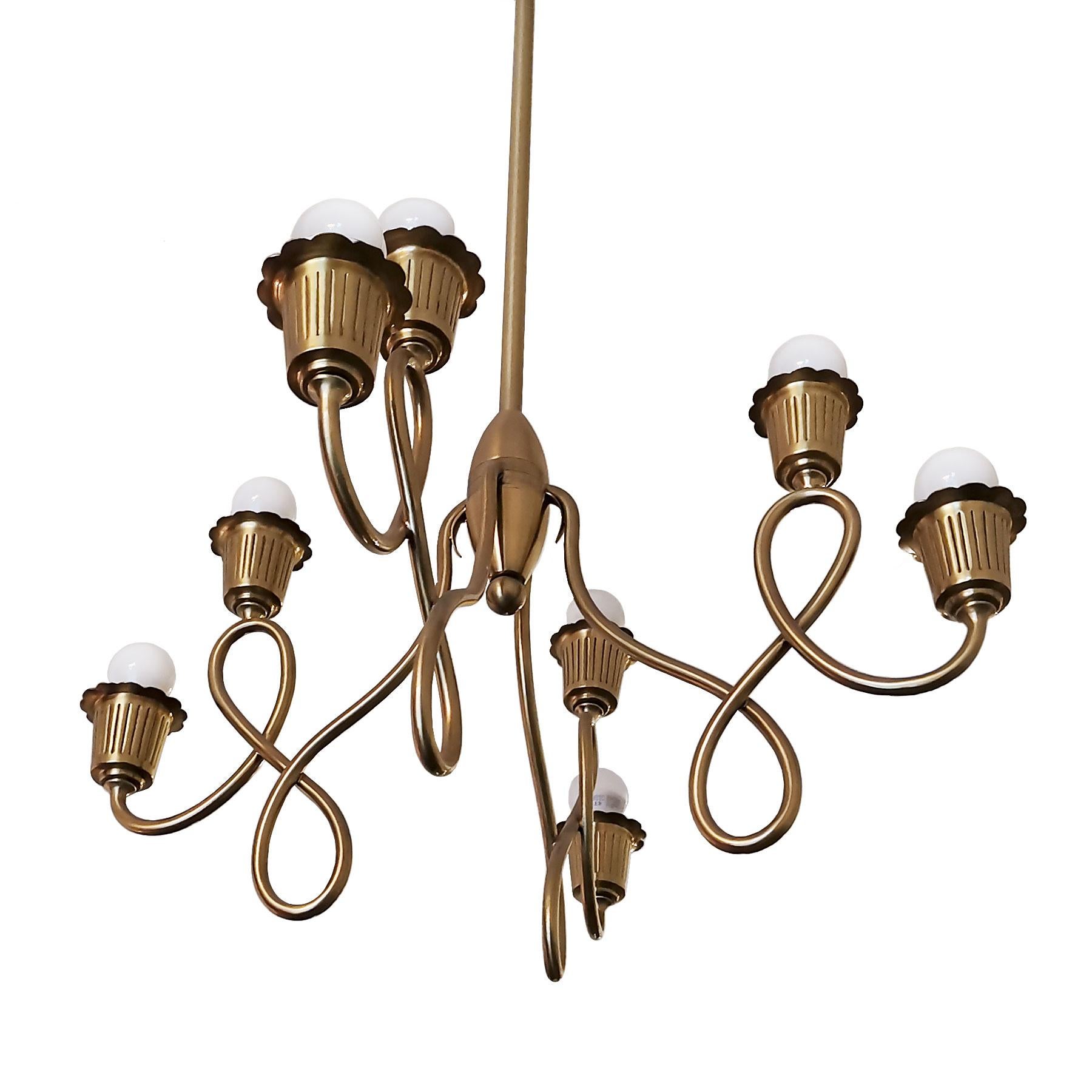 Mid-Century Modern 1940s Chandelier, Brass, Four Branches, Eight Lights, Italy