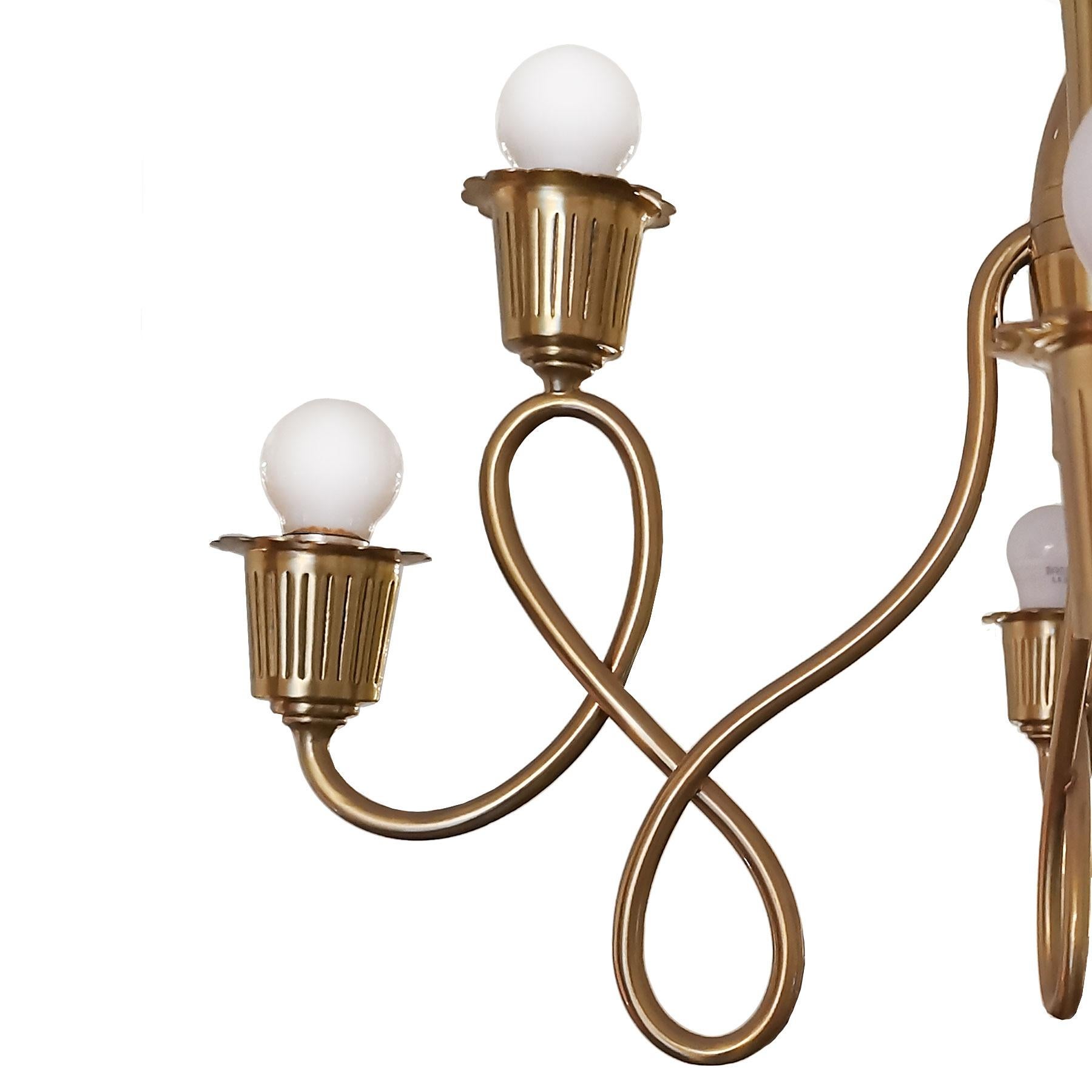 1940s Chandelier, Brass, Four Branches, Eight Lights, Italy In Good Condition In Girona, ES
