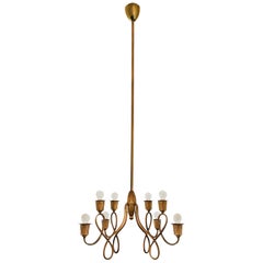 1940s Chandelier, Brass, Four Branches, Eight Lights, Italy