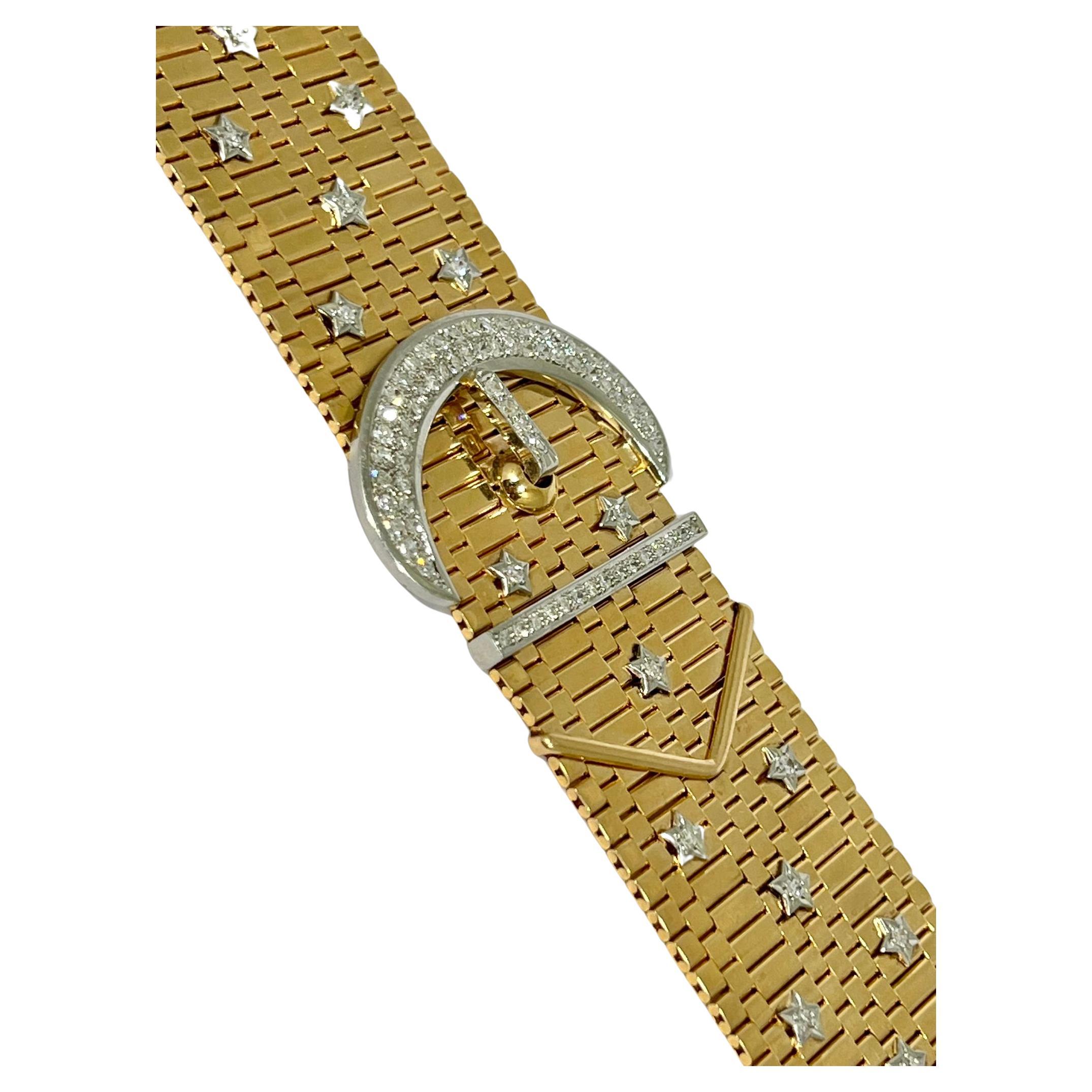 1940's Chevalier Bracelet with Diamonds in Stars in 18K Yellow and Platinum For Sale