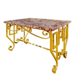 Mid-Century Modern Coffee Table in Golden Leaf Wrought Iron and Marble -France