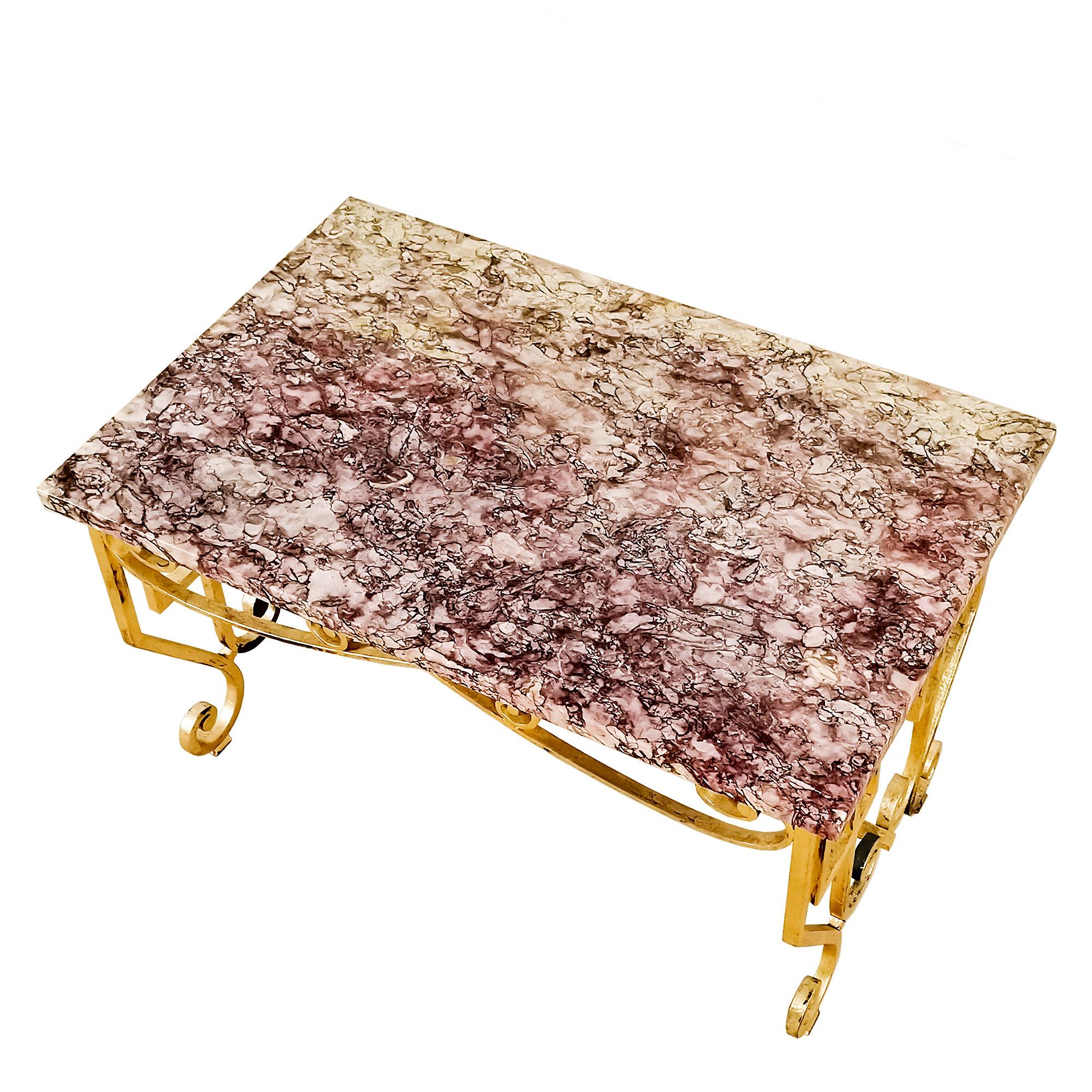Mid-20th Century Mid-Century Modern Coffee Table in Golden Leaf Wrought Iron and Marble -France For Sale