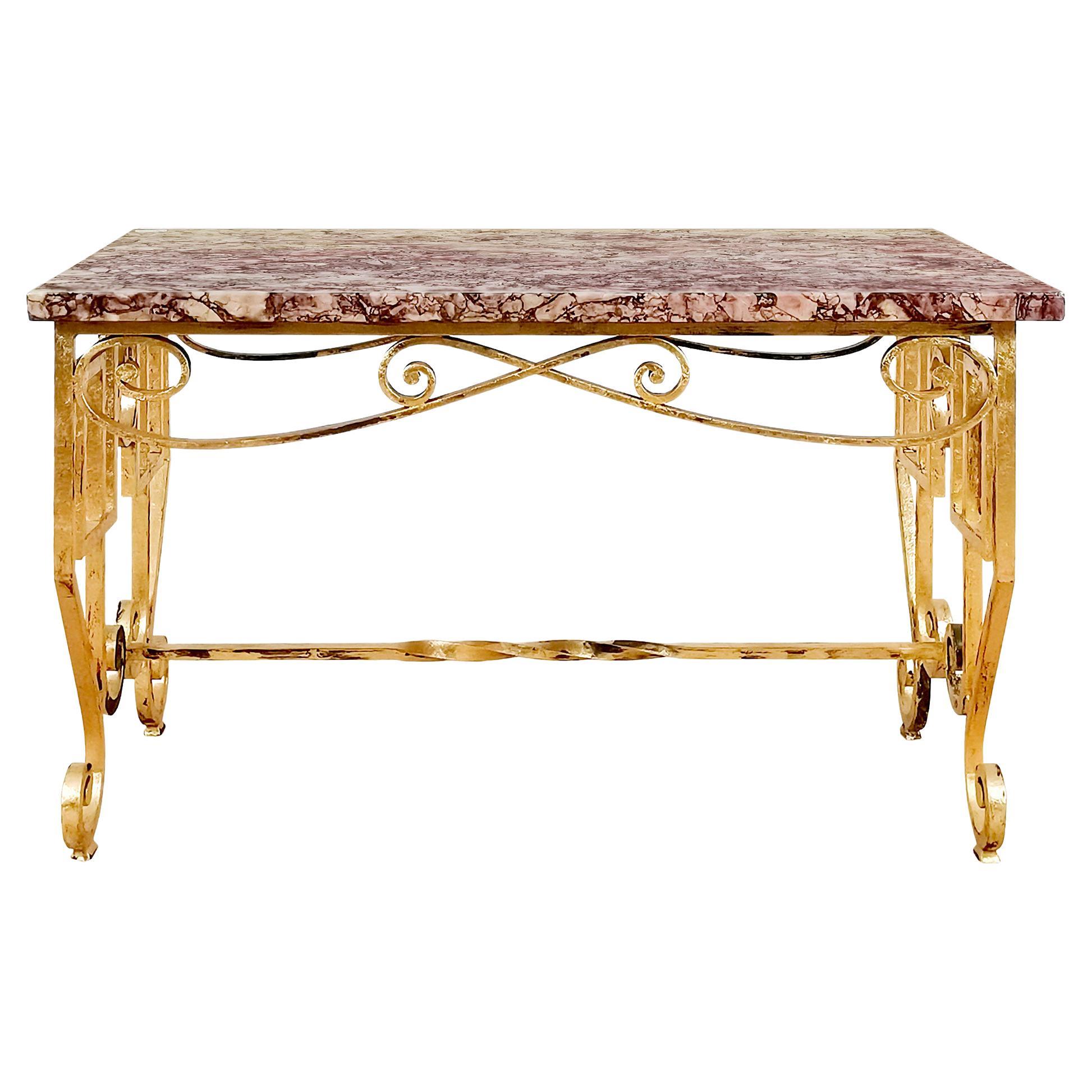 Mid-Century Modern Coffee Table in Golden Leaf Wrought Iron and Marble -France For Sale