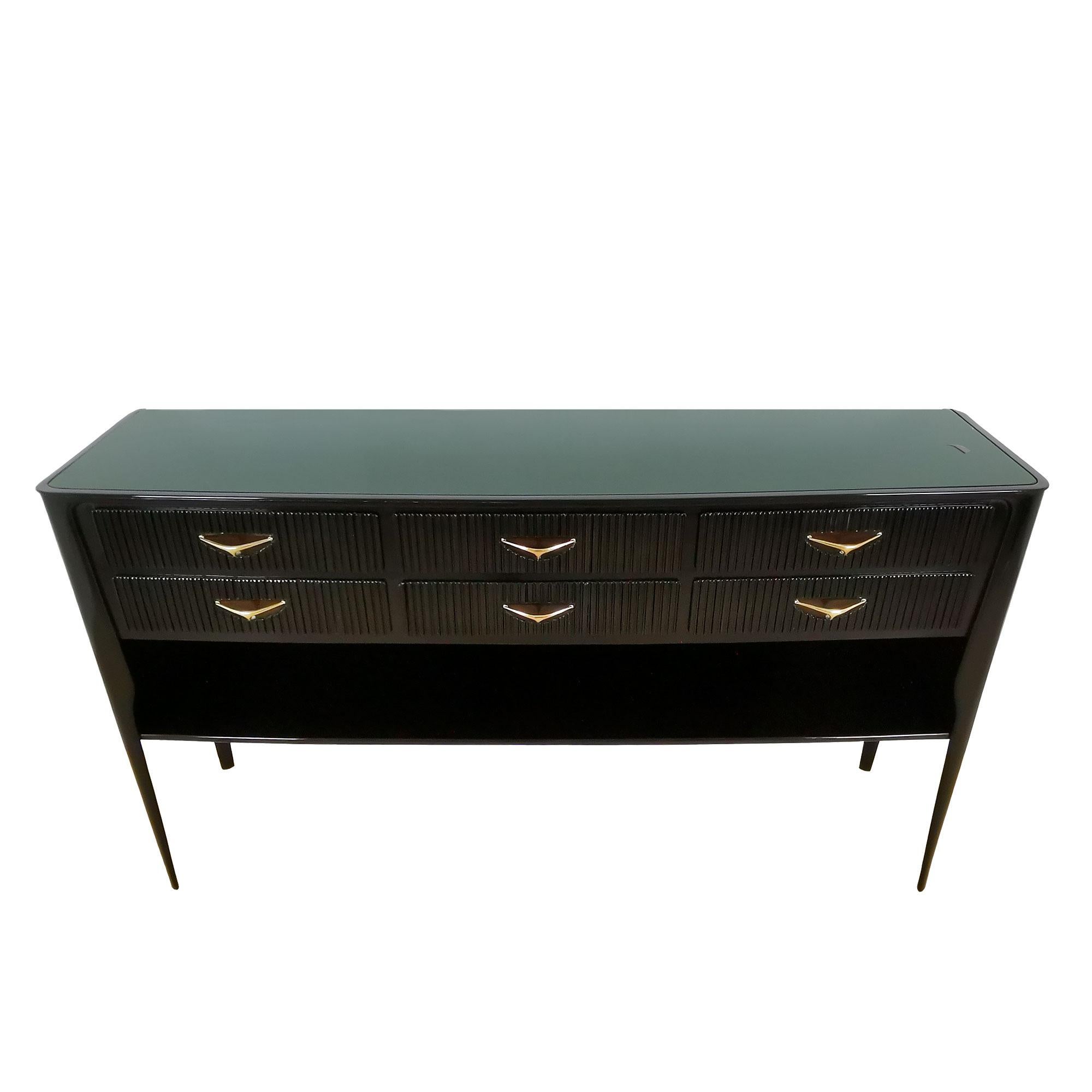 Italian Mid-Century Modern Console-Commode in Stained Mahogany, Glass and Brass - Italy For Sale