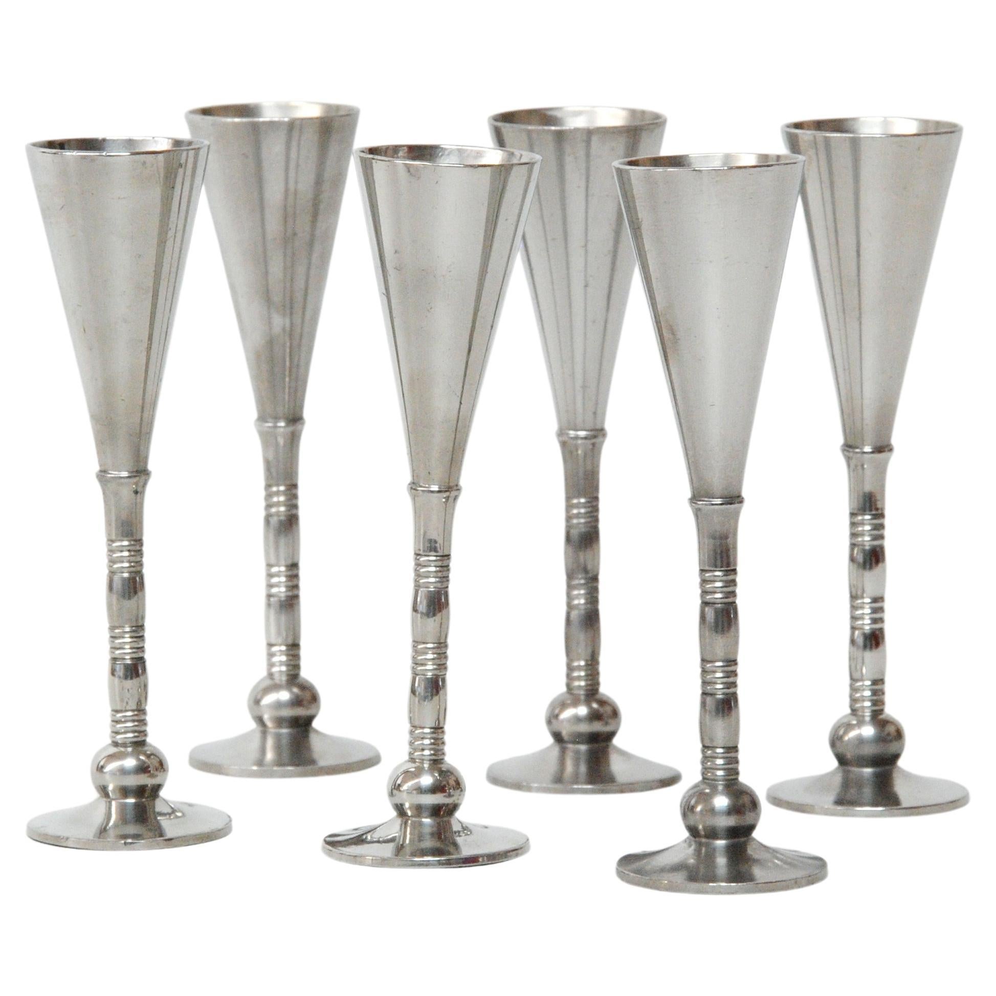 1940's Danish Just Andersen Set of Six Pewter Schnapss Liquor Goblets