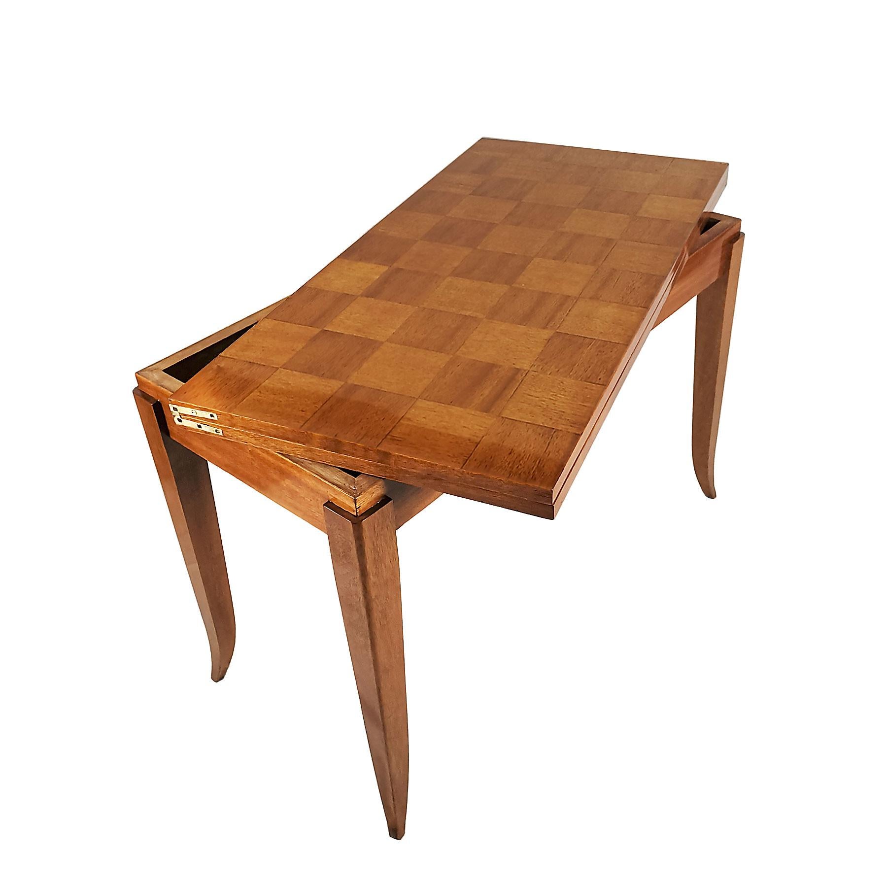 Brass Mid-Century Modern Game Table in Light Mahogany With Double Flap Top - France For Sale
