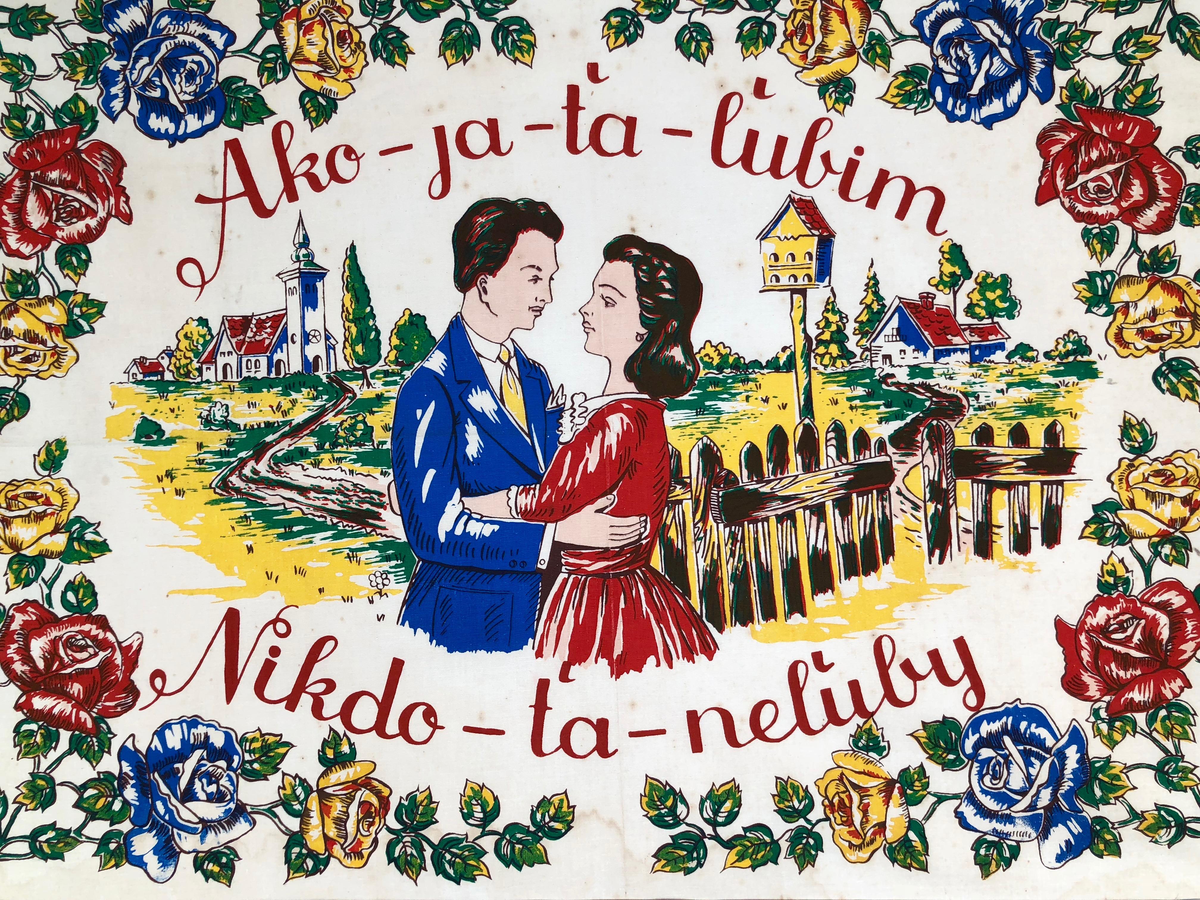 This 1940s, colored block print on linen from Slovakia, shows a couple in love in a picturesque land scape.
The pictures is made for wall decoration and is now framed.
