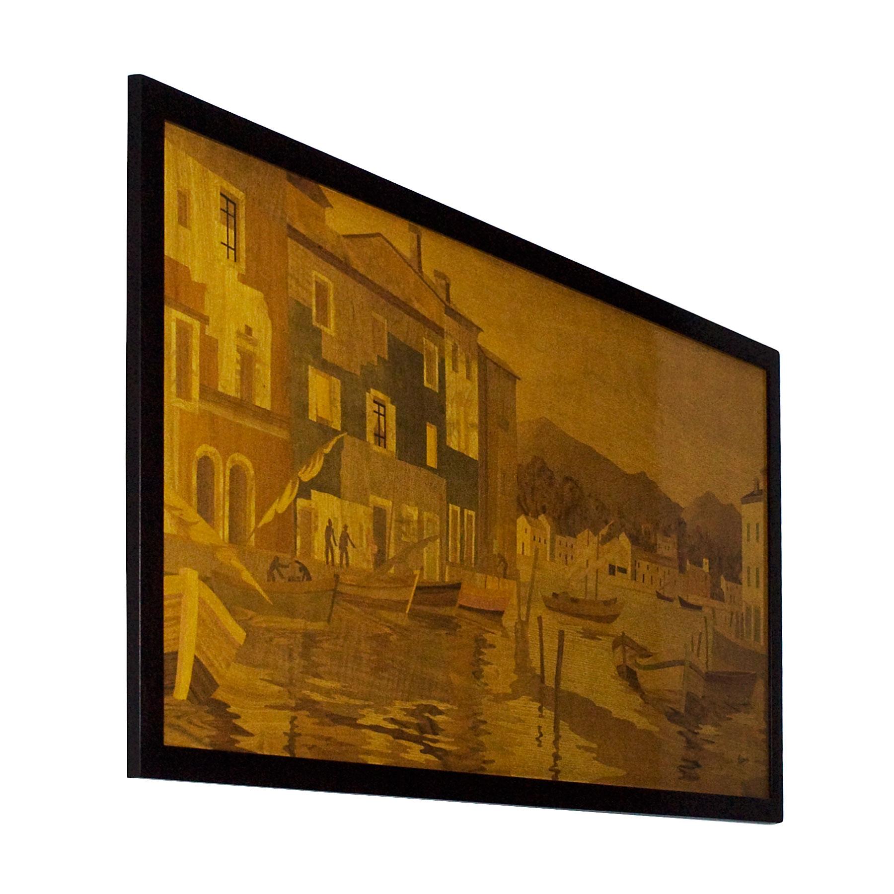 Splendid large decorative panel with a fishing port scene. Walnut, burr walnut, maple, ash, mahogany, ebony, Macassar ebony and stained woods marquetry, French polish.
Sign in the maquetry: Rosenau

France, Nancy, circa 1940.