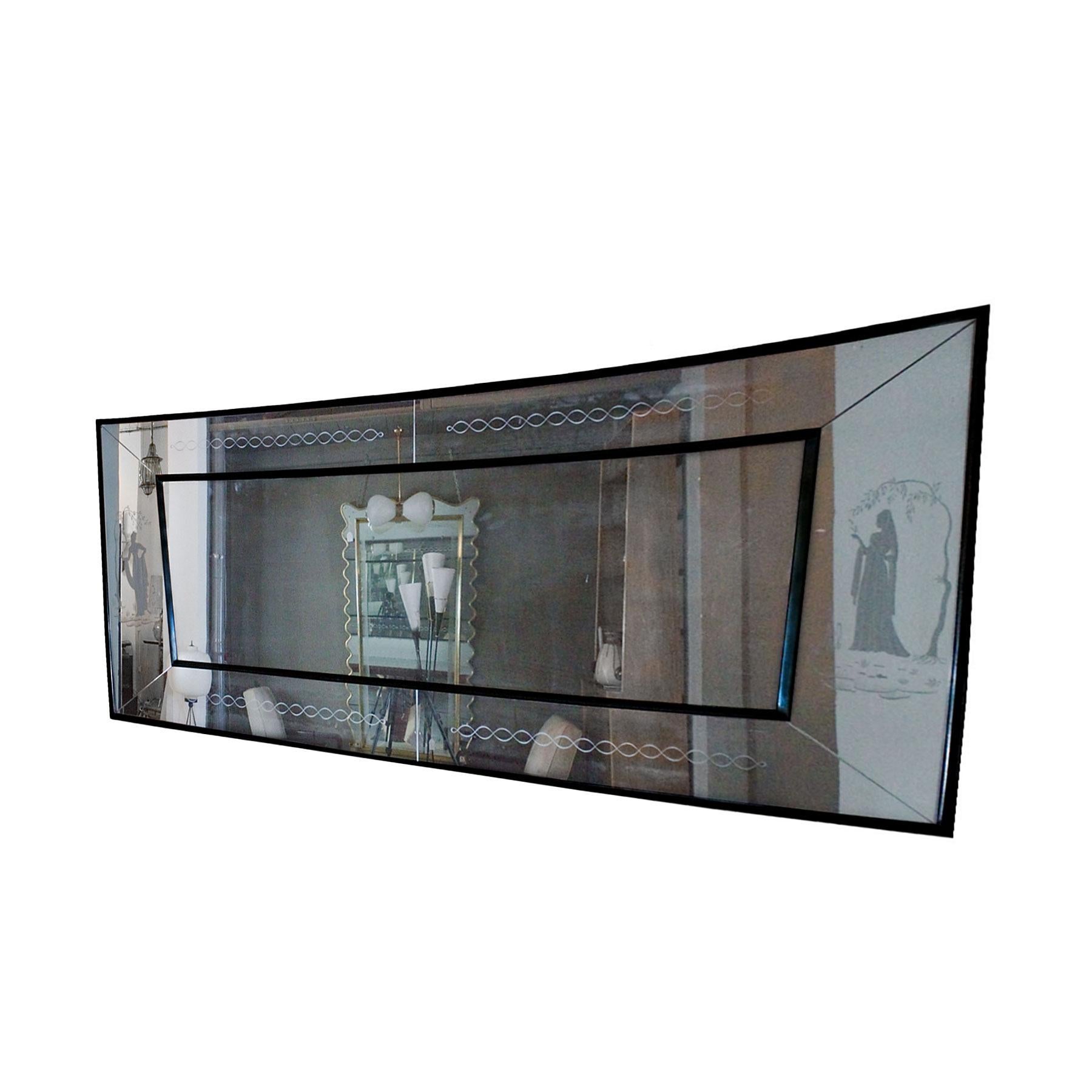 Italian Large Mid-Century Modern Etched Mirror, Waxed Wood Frame and Moldings - Italy For Sale