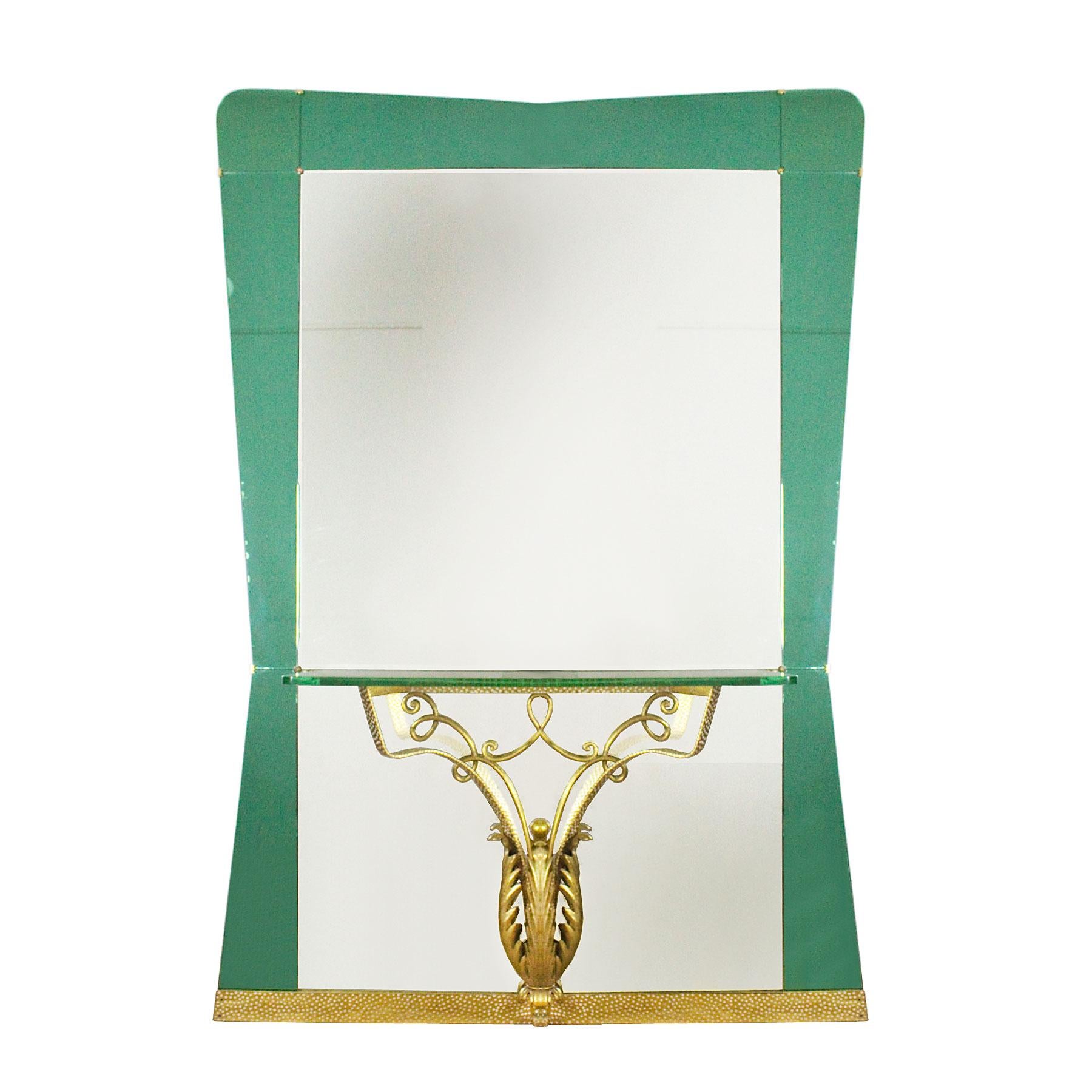 Mid-Century Modern 1940s Large Mirror-Console, Green Mirror and Metal by Pier Luigi Colli, Italy