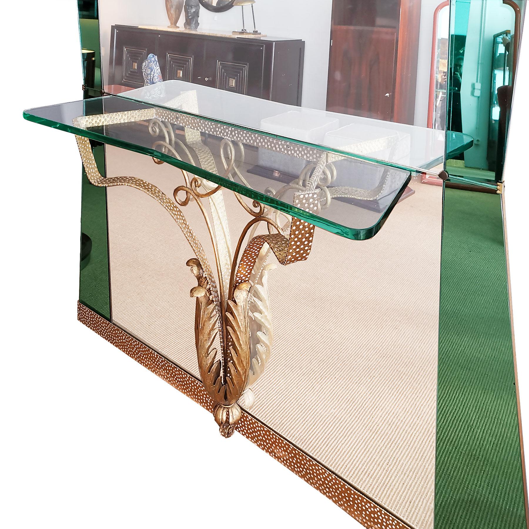 Italian 1940s Large Mirror-Console, Green Mirror and Metal by Pier Luigi Colli, Italy