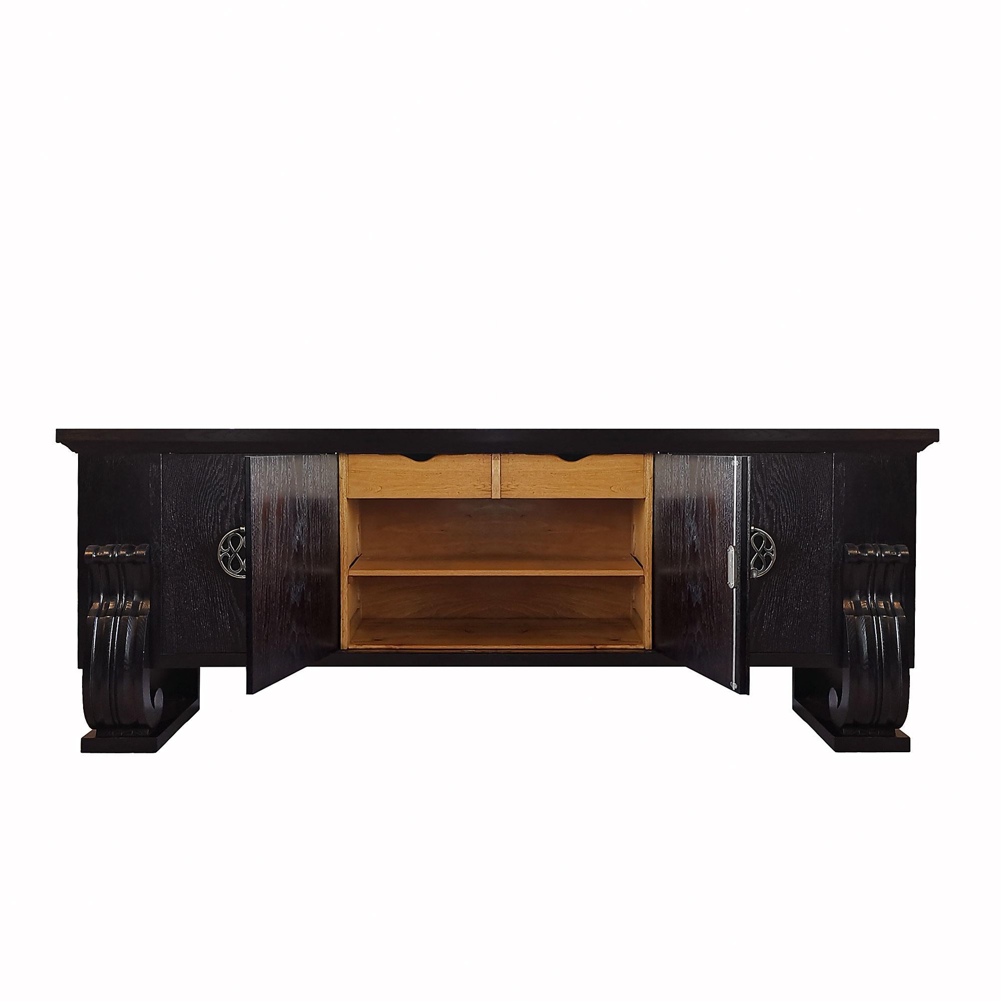 Mid-Century Modern Large Sideboard, Stained Oak and Bronze, Column Feet, Belgium In Good Condition For Sale In Girona, ES