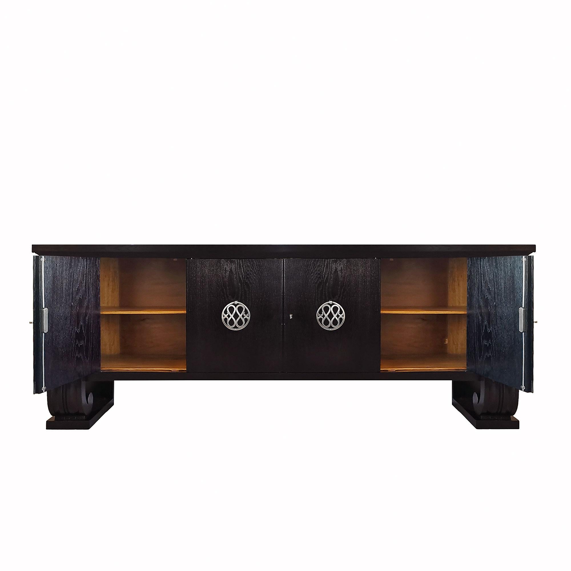 Mid-20th Century Mid-Century Modern Large Sideboard, Stained Oak and Bronze, Column Feet, Belgium For Sale