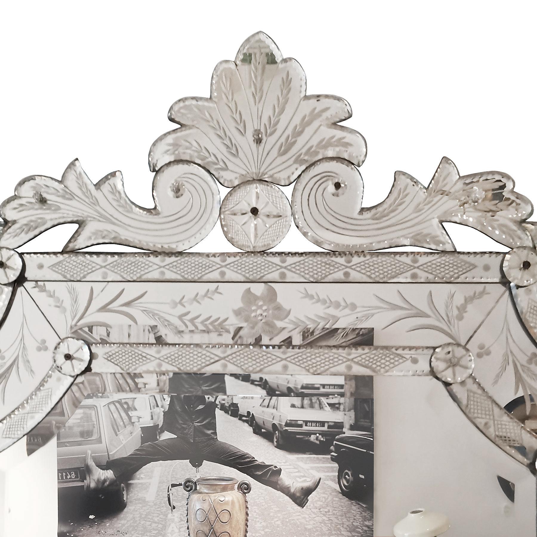 Mid-Century Modern 1940s Neoclassical Beveled Mirror, Acid Engraved Mirror Frame, Spain, Majorca