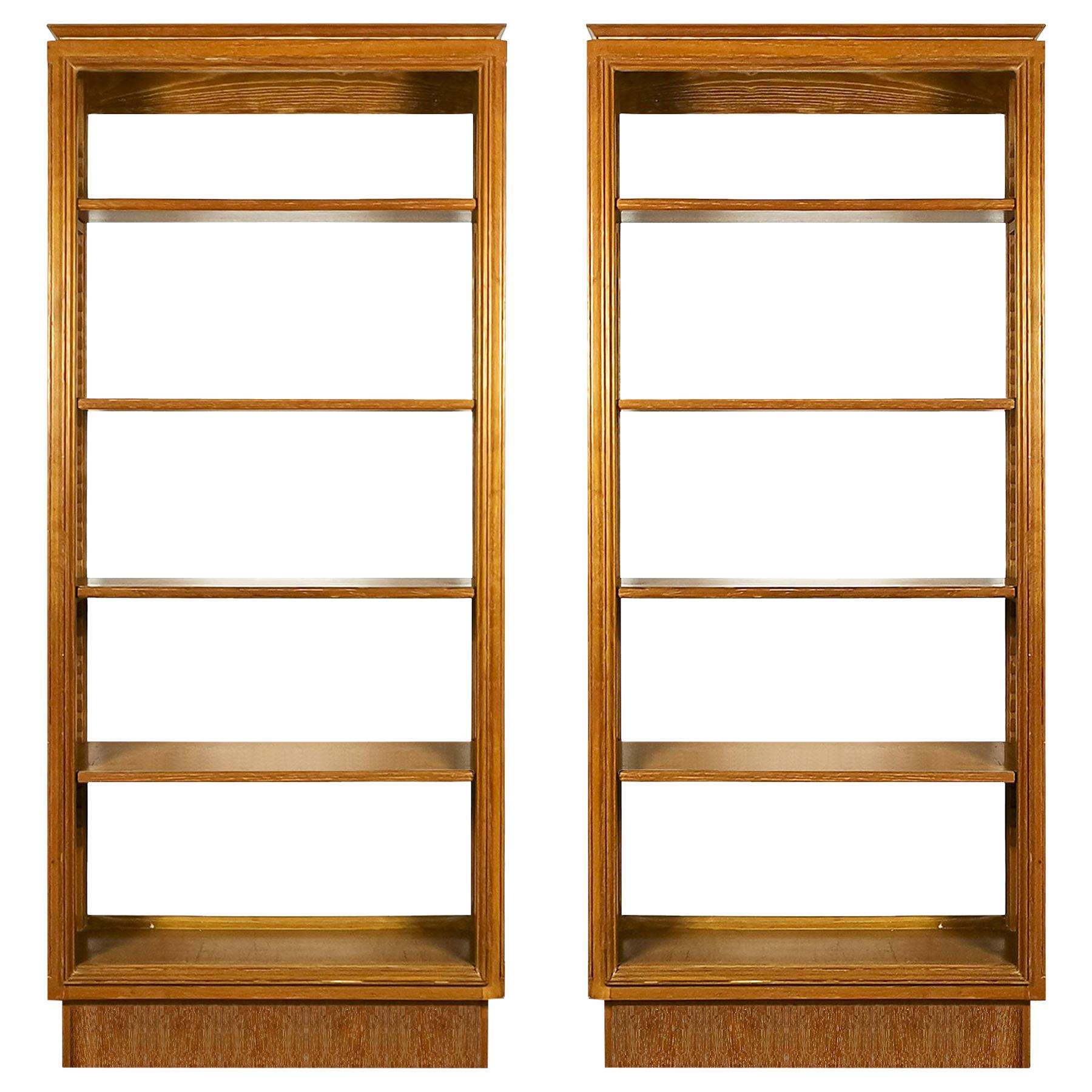 1940s Pair of Bookcases, Cerused Oak, Removable Shelves, France