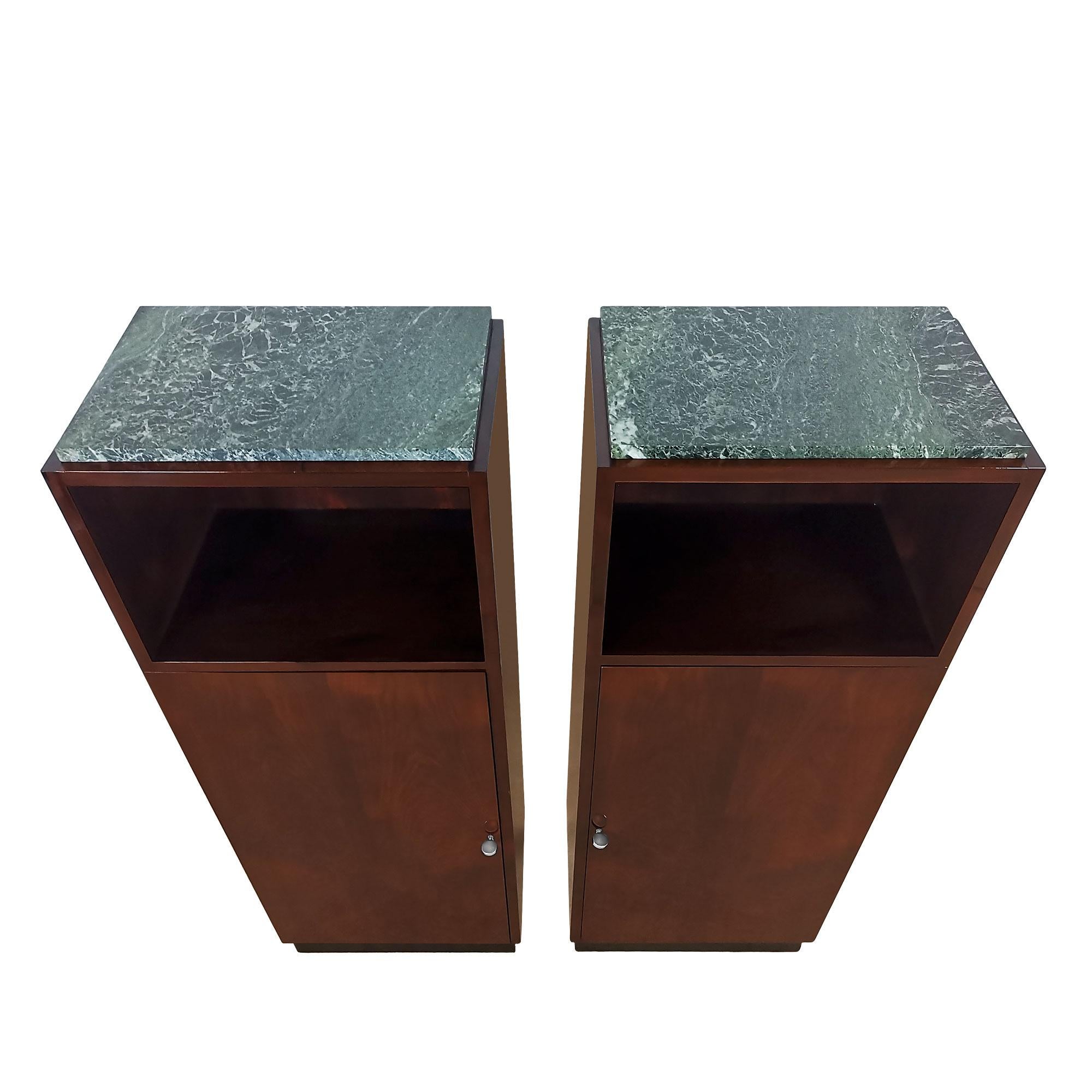 French Pair of Mid-Century Modern Cabinets in Solid Mahogany and Marble on Top - France For Sale