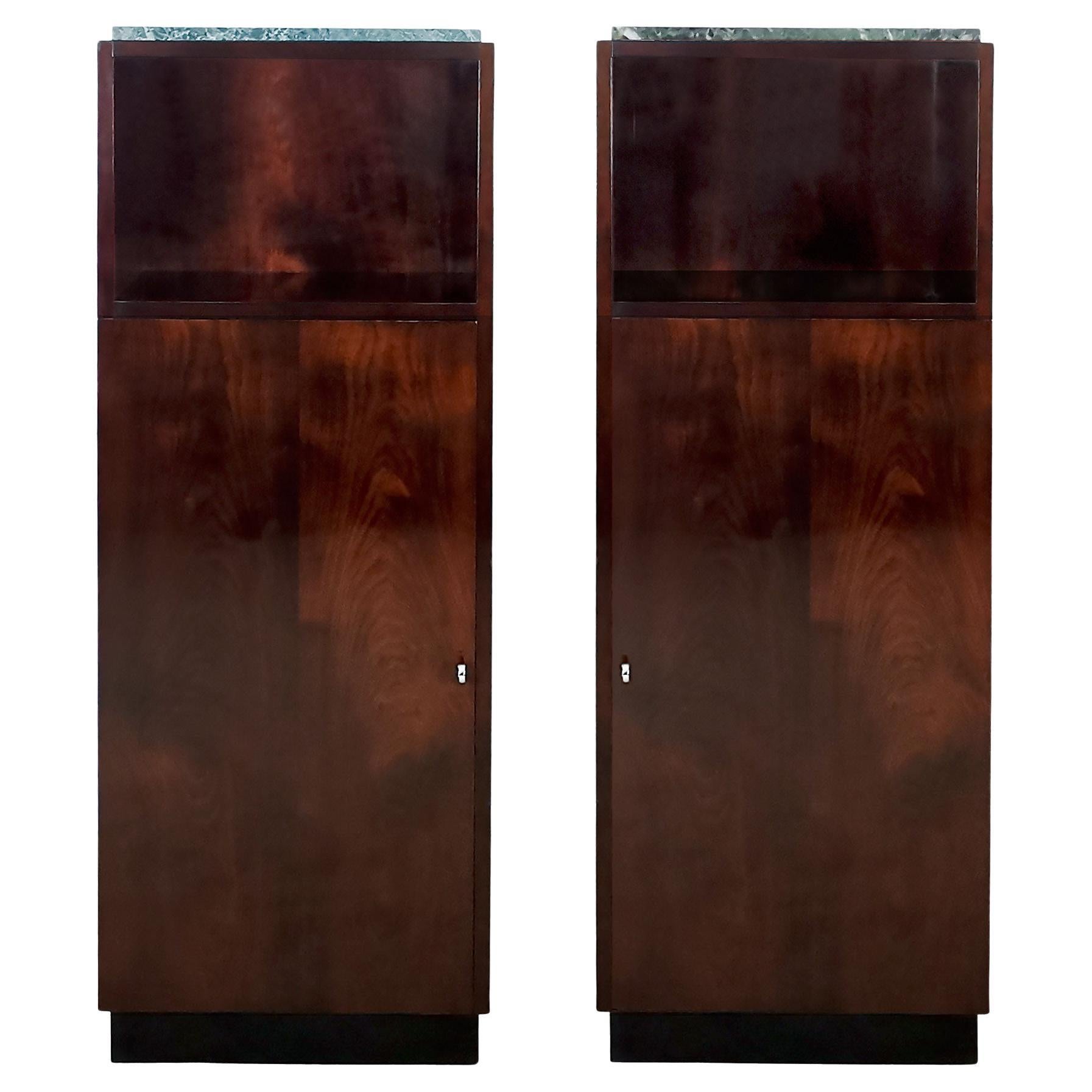 Pair of Mid-Century Modern Cabinets in Solid Mahogany and Marble on Top - France