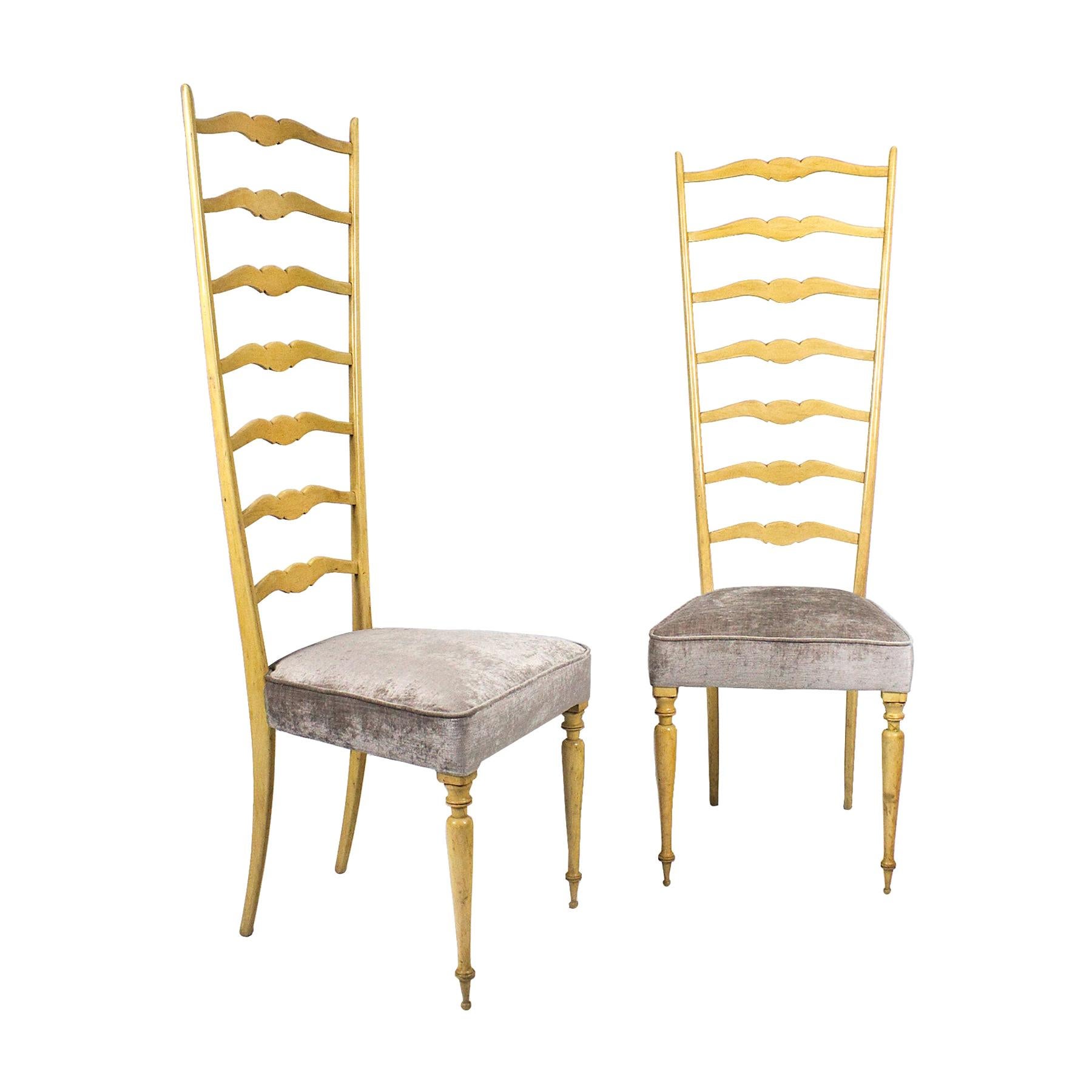 Pair of Mid-Century Modern Chiavarine Chairs, Solid Maple, Taupe Velvet - Italy