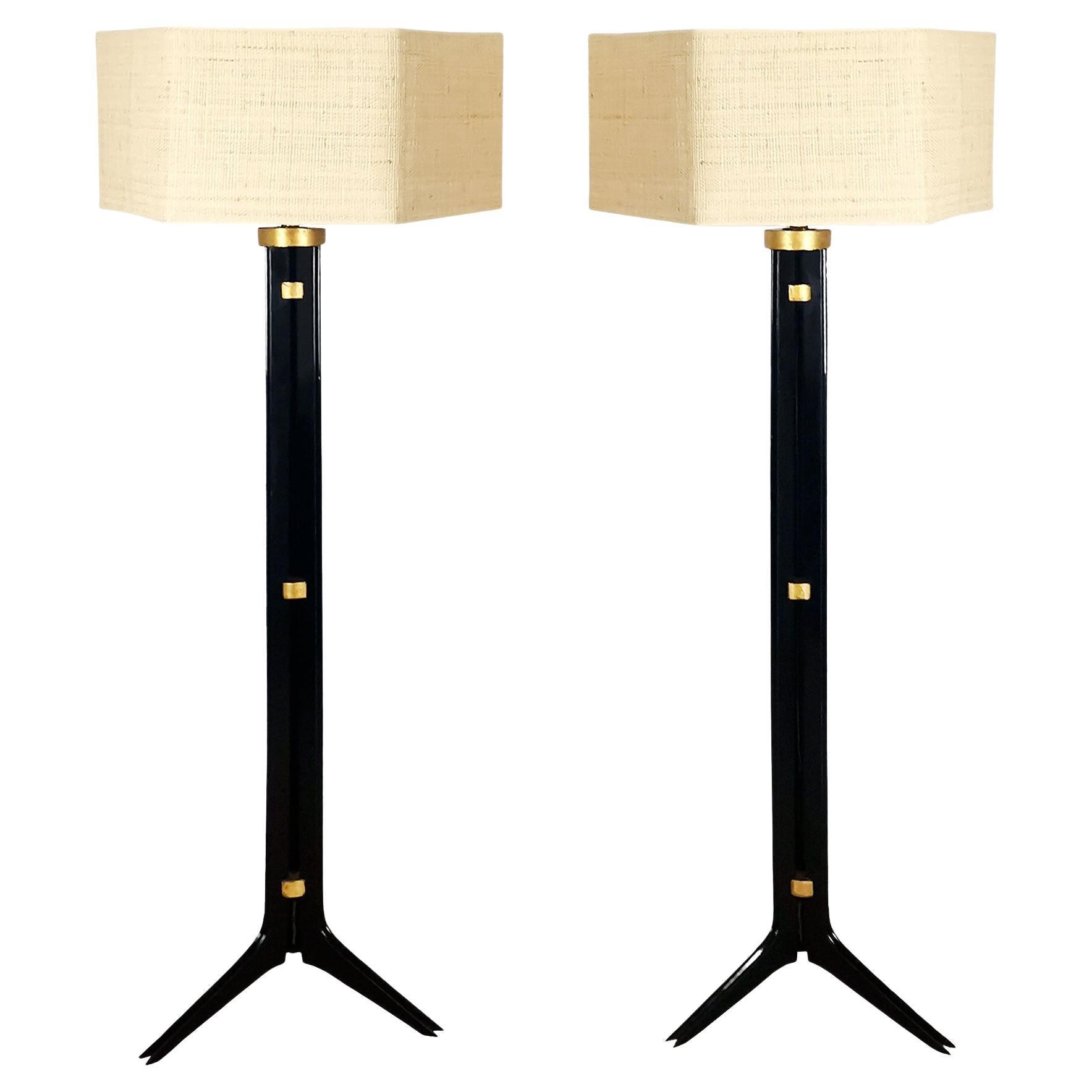 Pair of Large Mid-Century Modern Floor Lamps, Walnut and Raffia - Barcelona For Sale