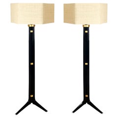 Vintage 1940's Pair of Large Floor Lamps, Stained Walnut and Raffia, Spain, Barcelona