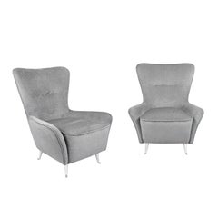 1940s Pair of Low Armchairs by I.S.A., Wood, Velvet and Aluminum, Italy