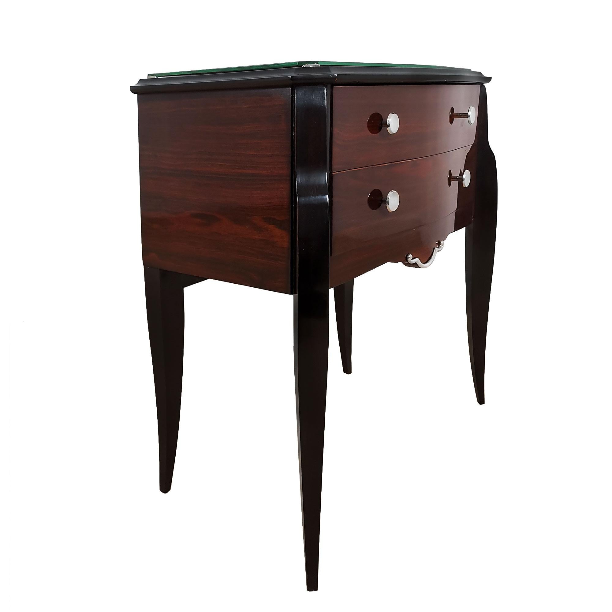 French Pair of Mid-Century Modern Night Stands, Stained Beech, Mahogany, Mirror- France For Sale