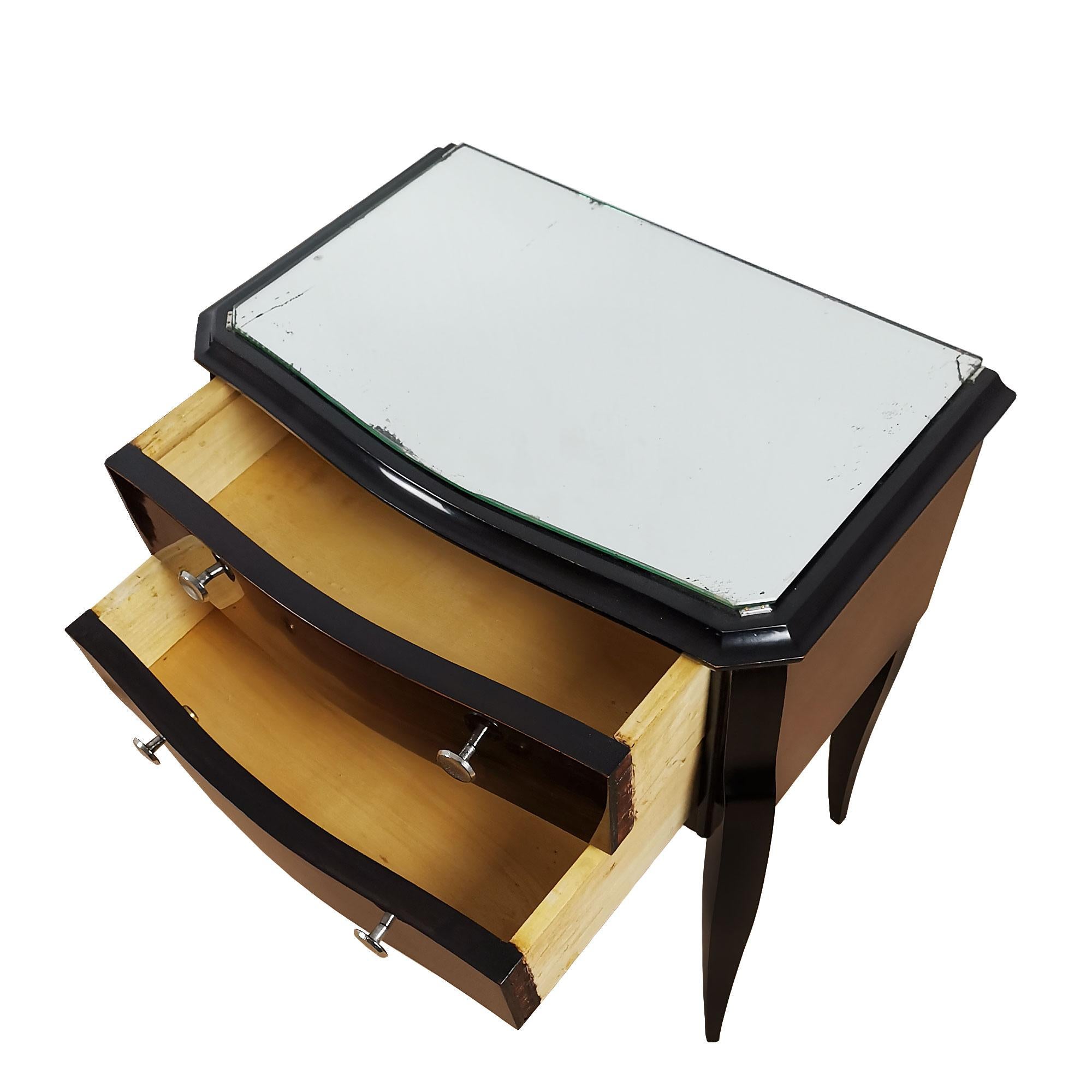 Pair of Mid-Century Modern Night Stands, Stained Beech, Mahogany, Mirror- France In Good Condition For Sale In Girona, ES