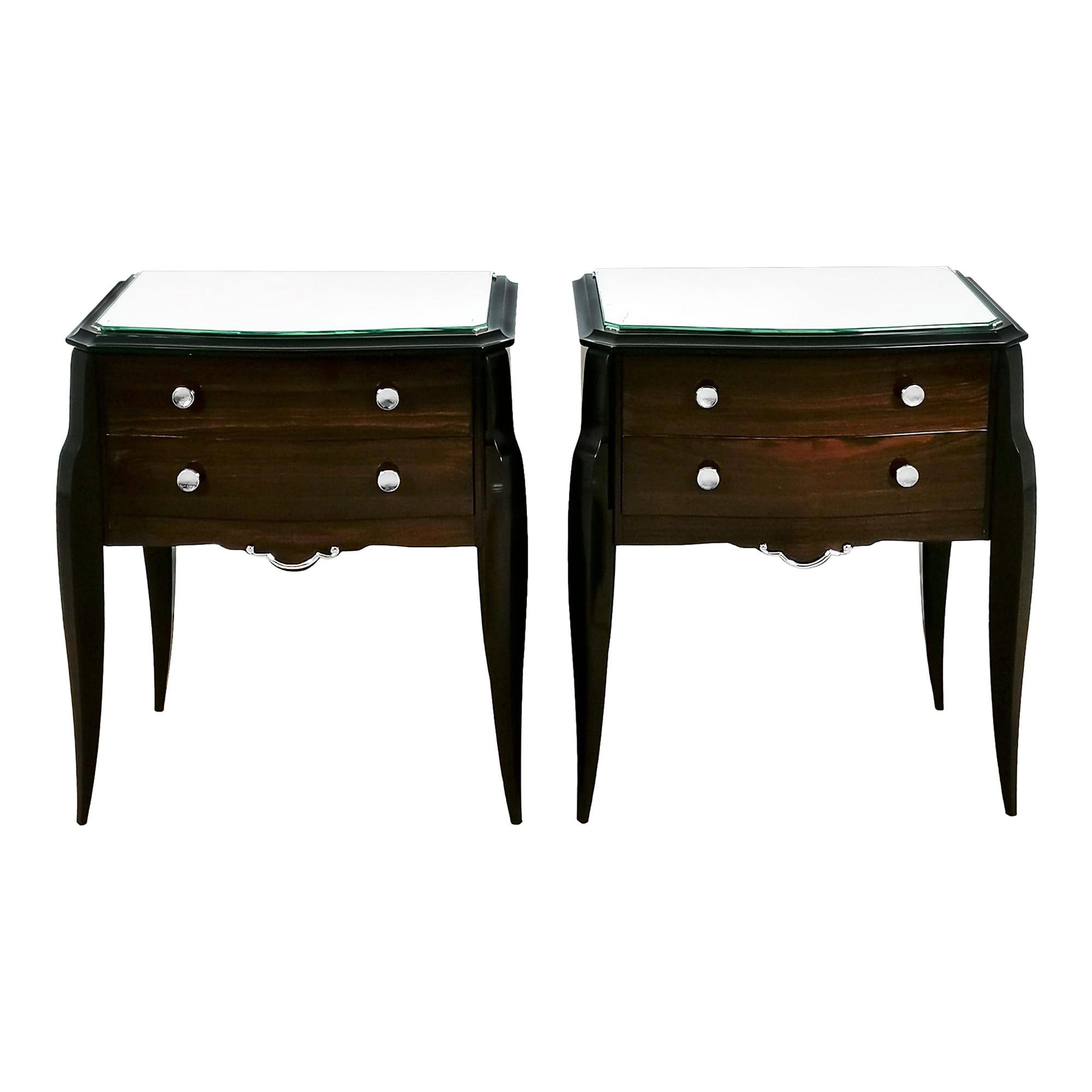 Pair of Mid-Century Modern Night Stands, Stained Beech, Mahogany, Mirror- France For Sale