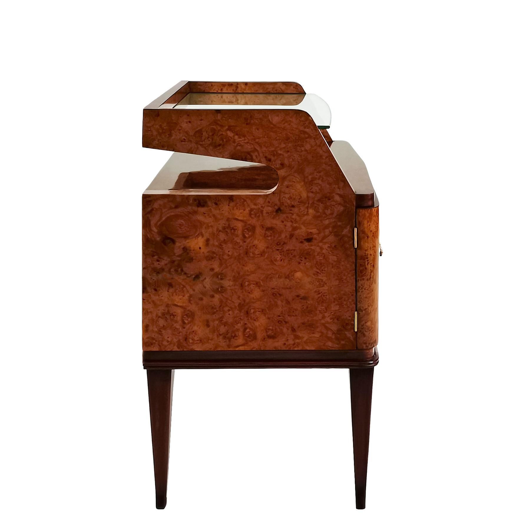 Mid-Century Modern 1940s Pair of Nightstands, Walnut, Burr Walnut, Boxwood, Glass, Brass, Italy