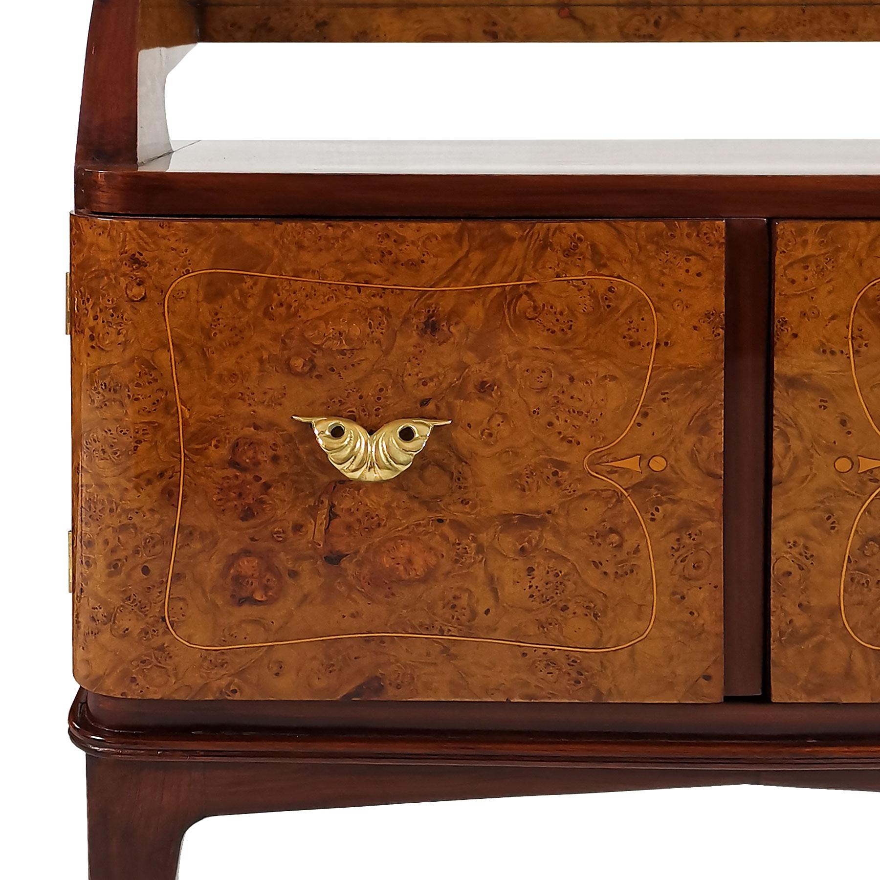 1940s Pair of Nightstands, Walnut, Burr Walnut, Boxwood, Glass, Brass, Italy 2