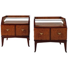 1940s Pair of Nightstands, Walnut, Burr Walnut, Boxwood, Glass, Brass, Italy