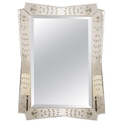 1940s Rectangular Beveled Mirror, Flowers Pattern Engraved Mirror, France