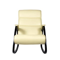 Chaise à bascule moderne du milieu du siècle en bois de hêtre avec  Cuir ivoire - Espagne