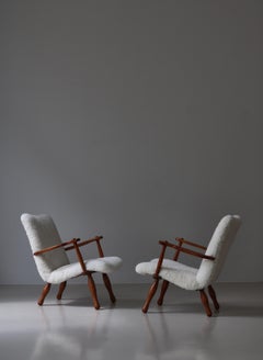 1940´s Set of Pinewood & Sheepskin Lounge Chairs by Swedish Cabinetmaker