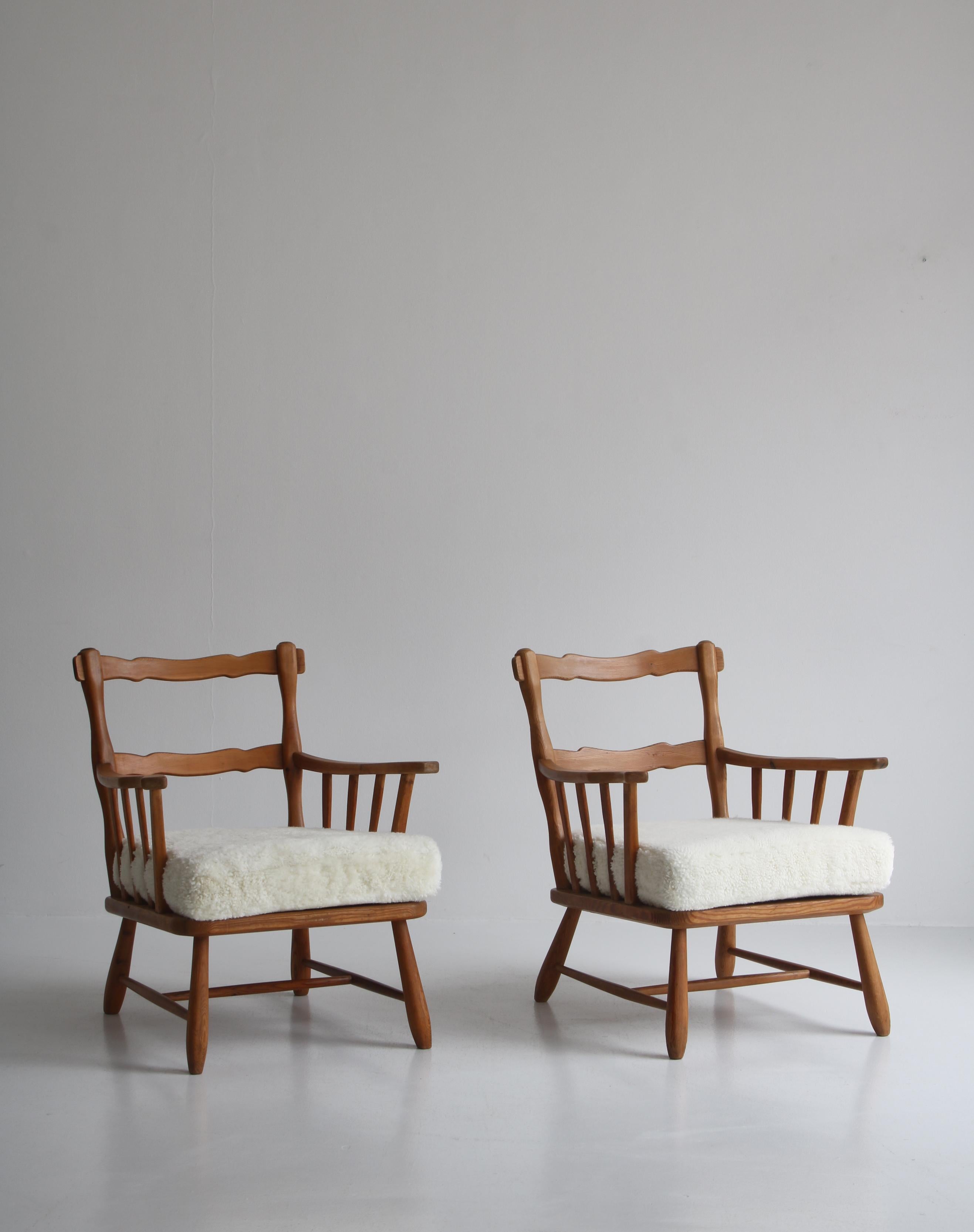 1940´s Set of Pinewood & Sheepskin Lounge Chairs by Swedish Cabinetmaker 1