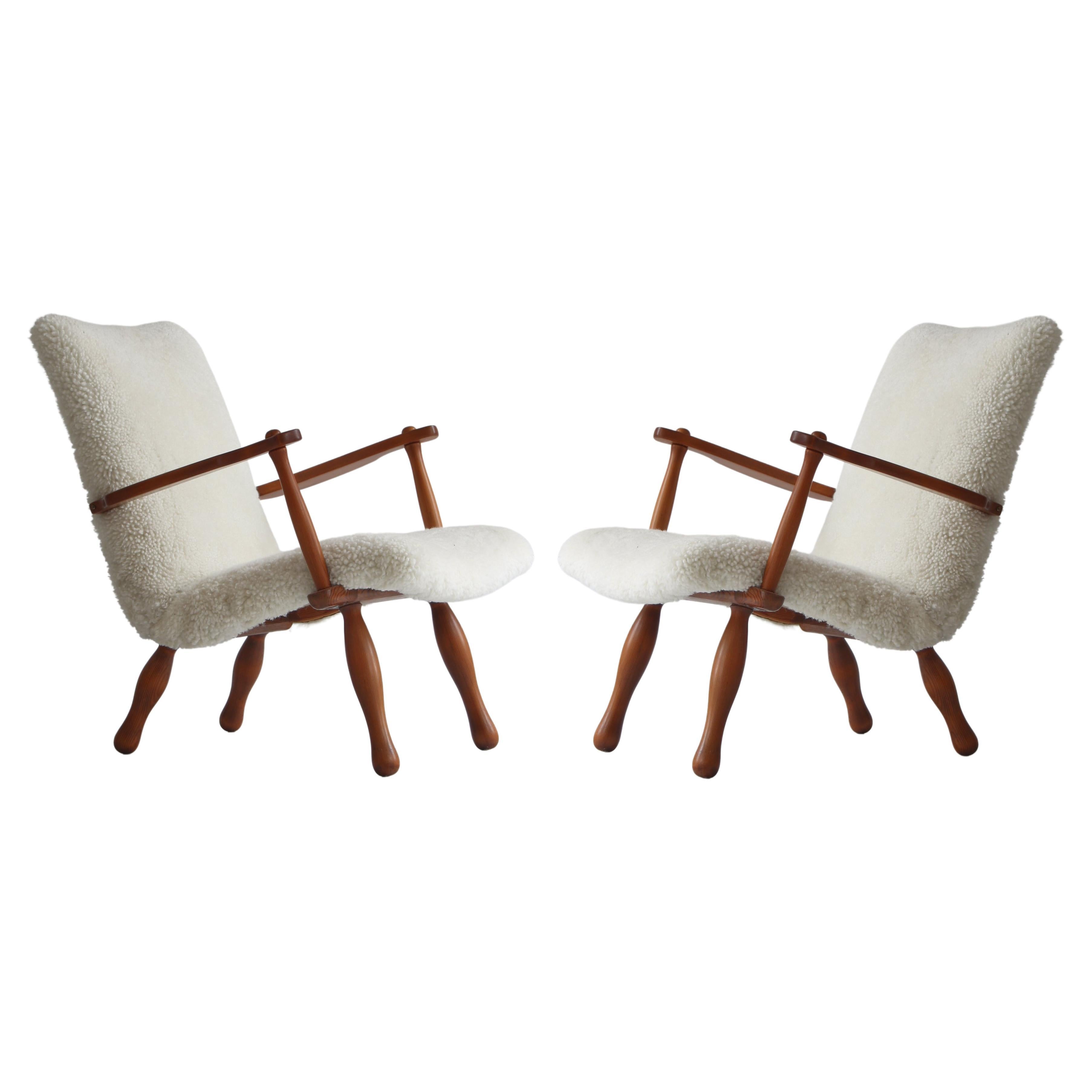 1940´s Set of Pinewood & Sheepskin Lounge Chairs by Swedish Cabinetmaker For Sale