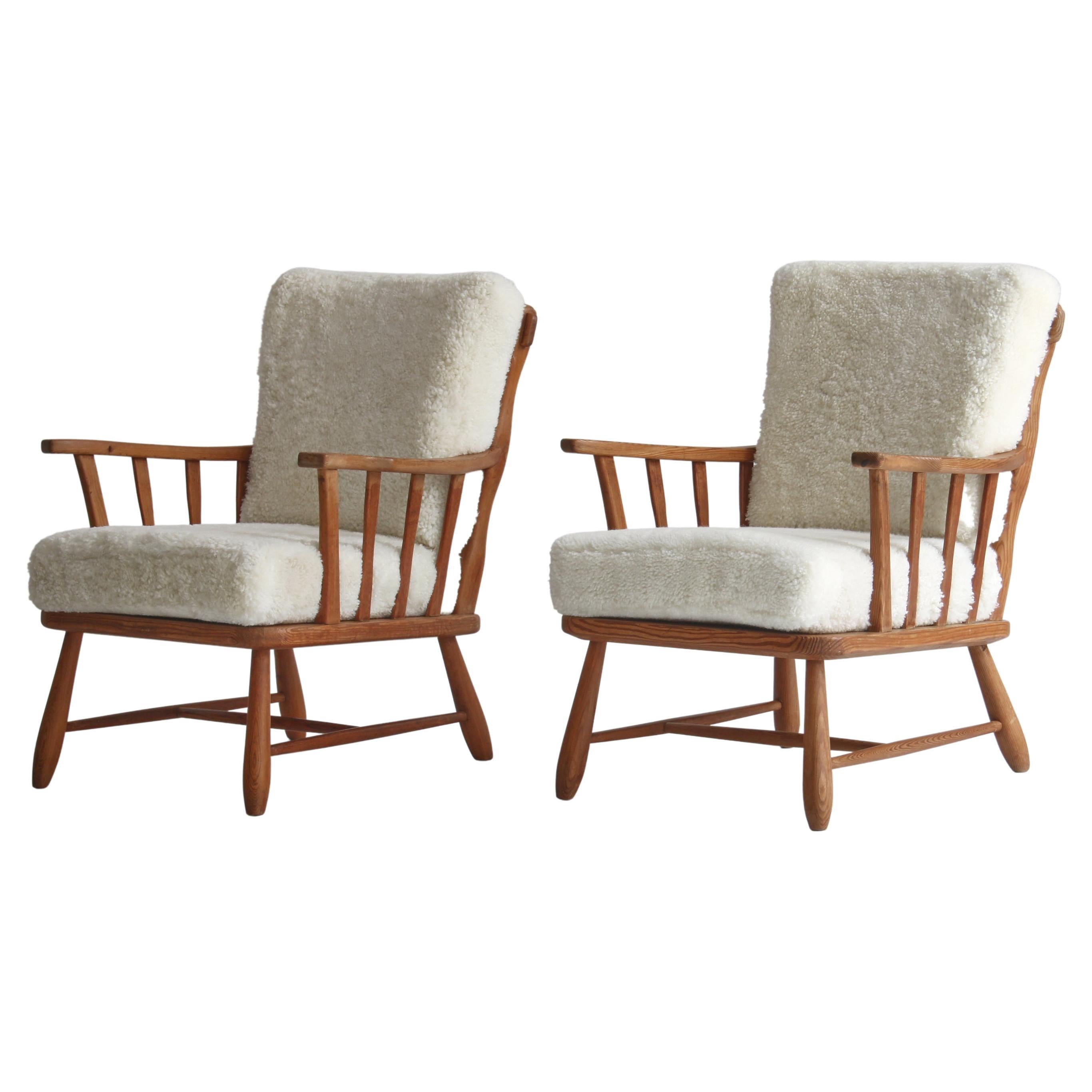 1940´s Set of Pinewood & Sheepskin Lounge Chairs by Swedish Cabinetmaker For Sale