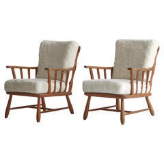 1940´s Set of Pinewood & Sheepskin Lounge Chairs by Swedish Cabinetmaker