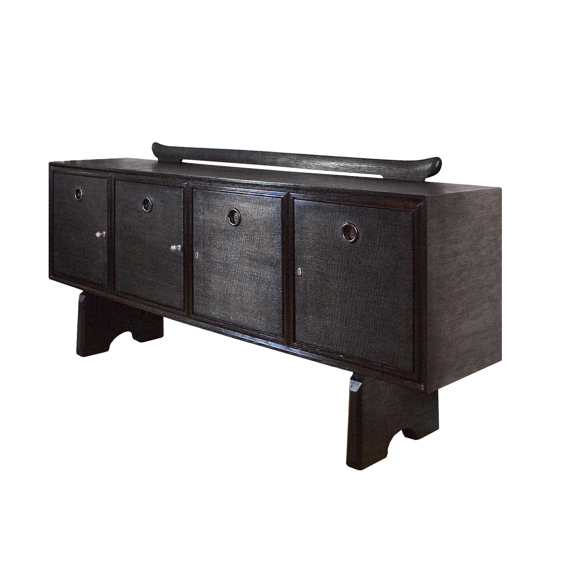 Sideboard with four doors and shelves, ebonized oak, Japanese style.
Design: Paolo Buffa
Italy, circa 1940.

Height of the decoration on top: 9 cm / 3.54 inches