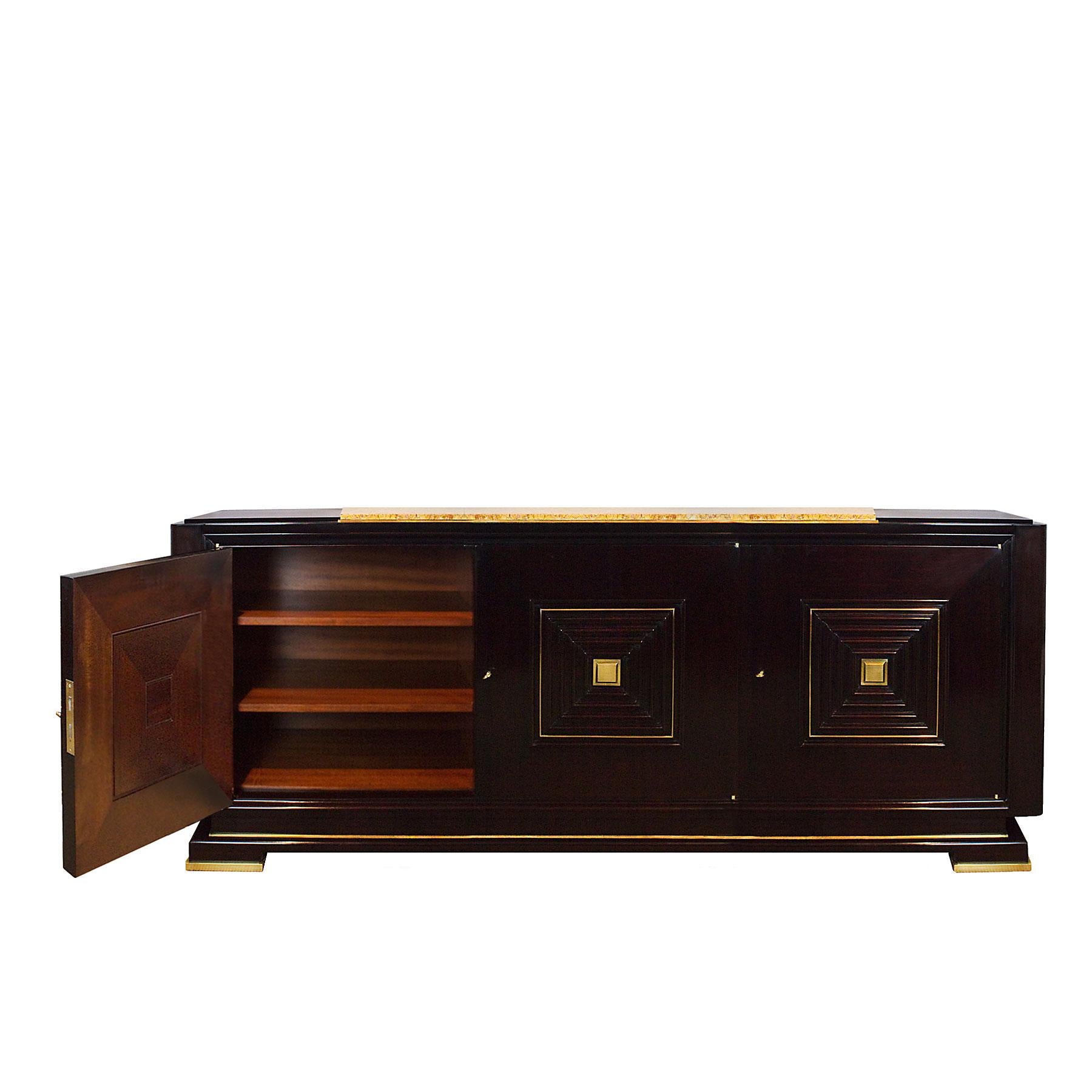 French Mid-Century Modern Sideboard in the Style of Maxime Old, Mahogany, Brass -France For Sale