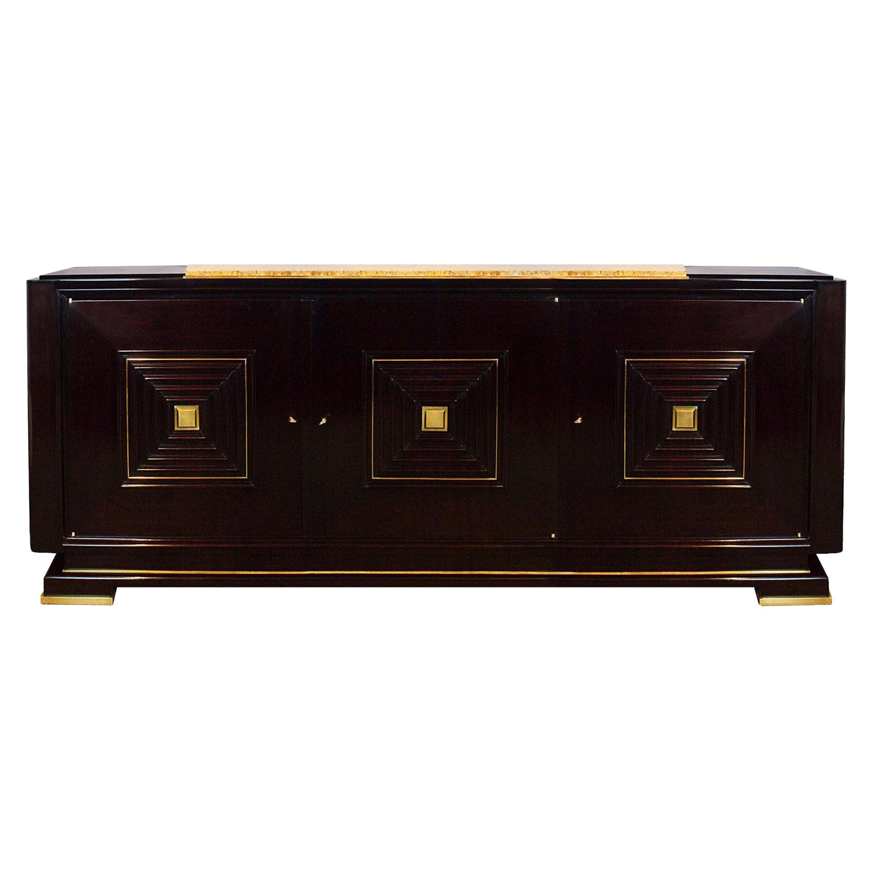 Mid-Century Modern Sideboard in the Style of Maxime Old, Mahogany, Brass -France For Sale