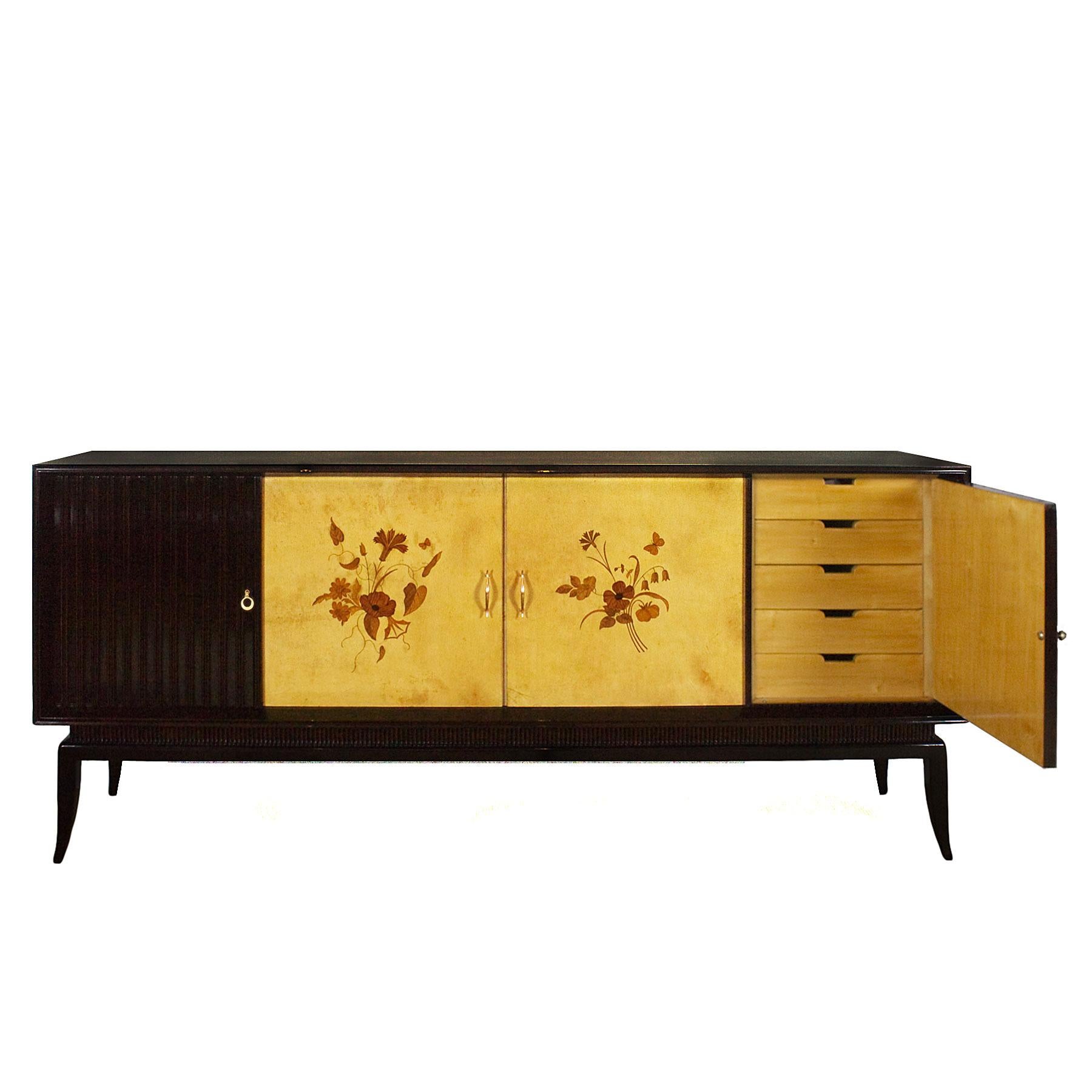Italian 1940s Sideboard, Stained Ash Veneer, Parchment, Marquetry, Sycamore, Italy
