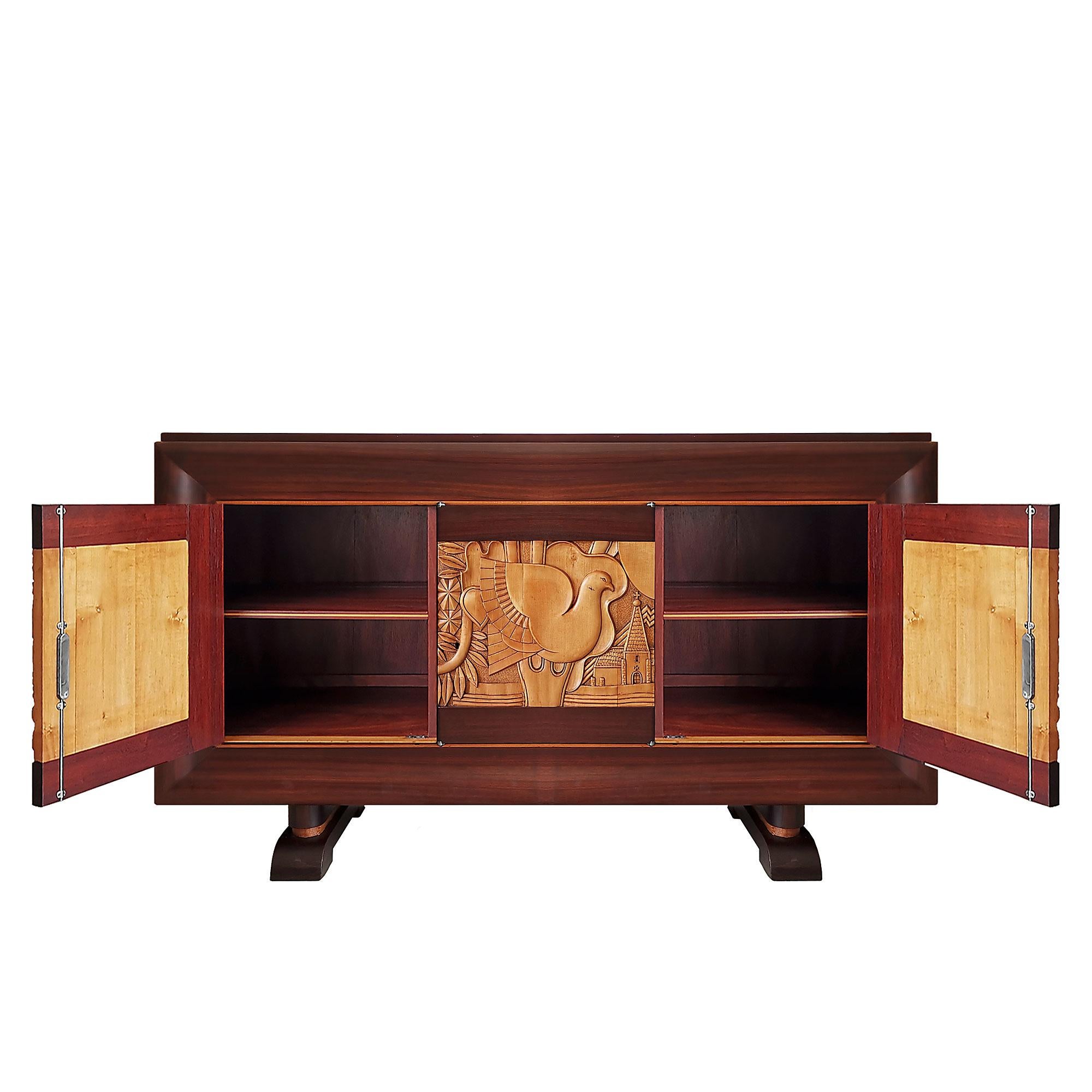 Mid-20th Century 1940's Sideboard with Three Doors, Bubinga Wood, Carved Maple, Bronze, France