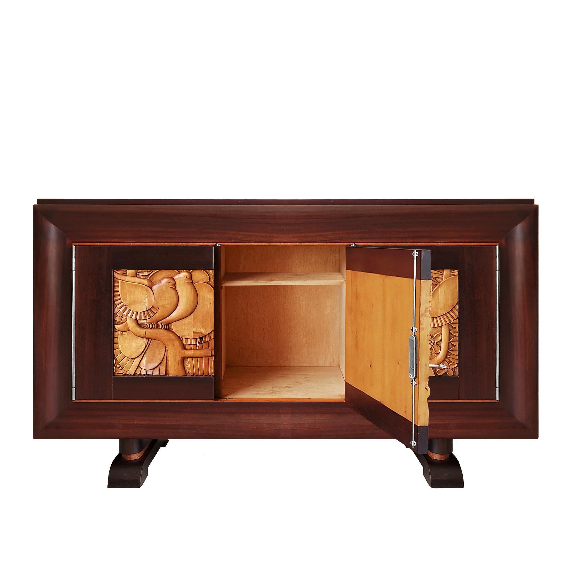 1940's Sideboard with Three Doors, Bubinga Wood, Carved Maple, Bronze, France 1