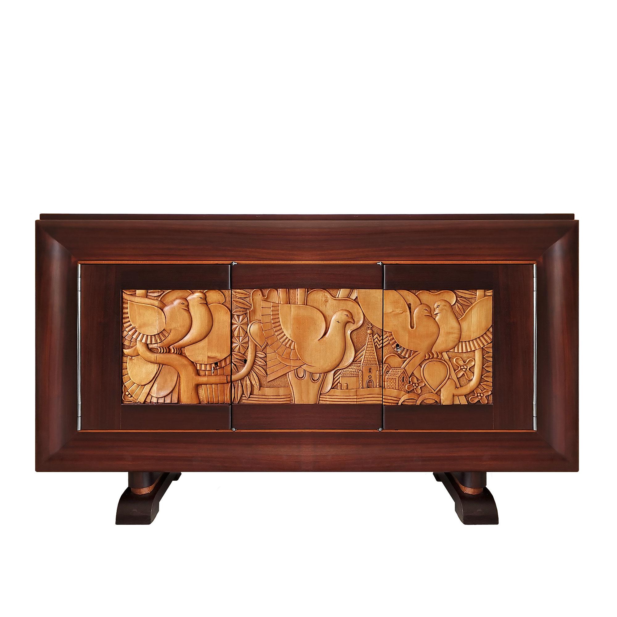 1940's Sideboard with Three Doors, Bubinga Wood, Carved Maple, Bronze, France