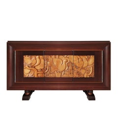 Vintage 1940's Sideboard with Three Doors, Bubinga Wood, Carved Maple, Bronze, France